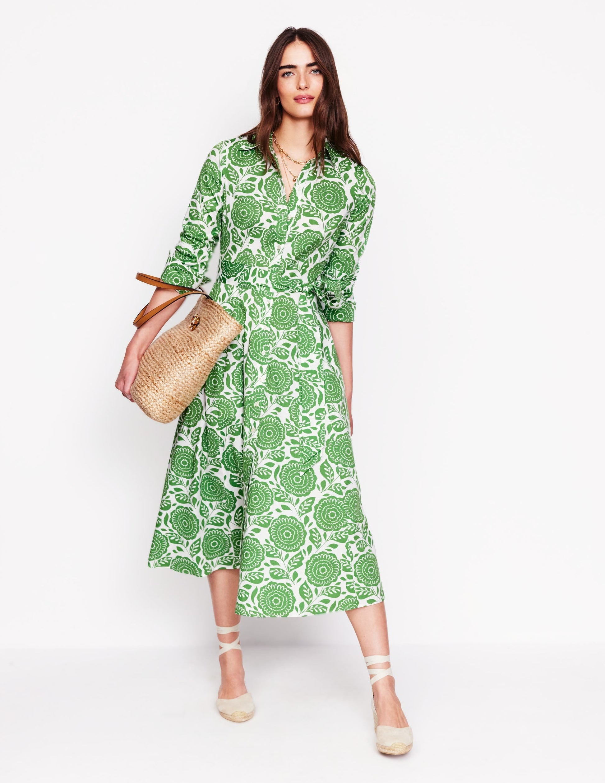 Amy Cotton Midi Shirt Dress-Paradise Green, Dahlia Stamp-1