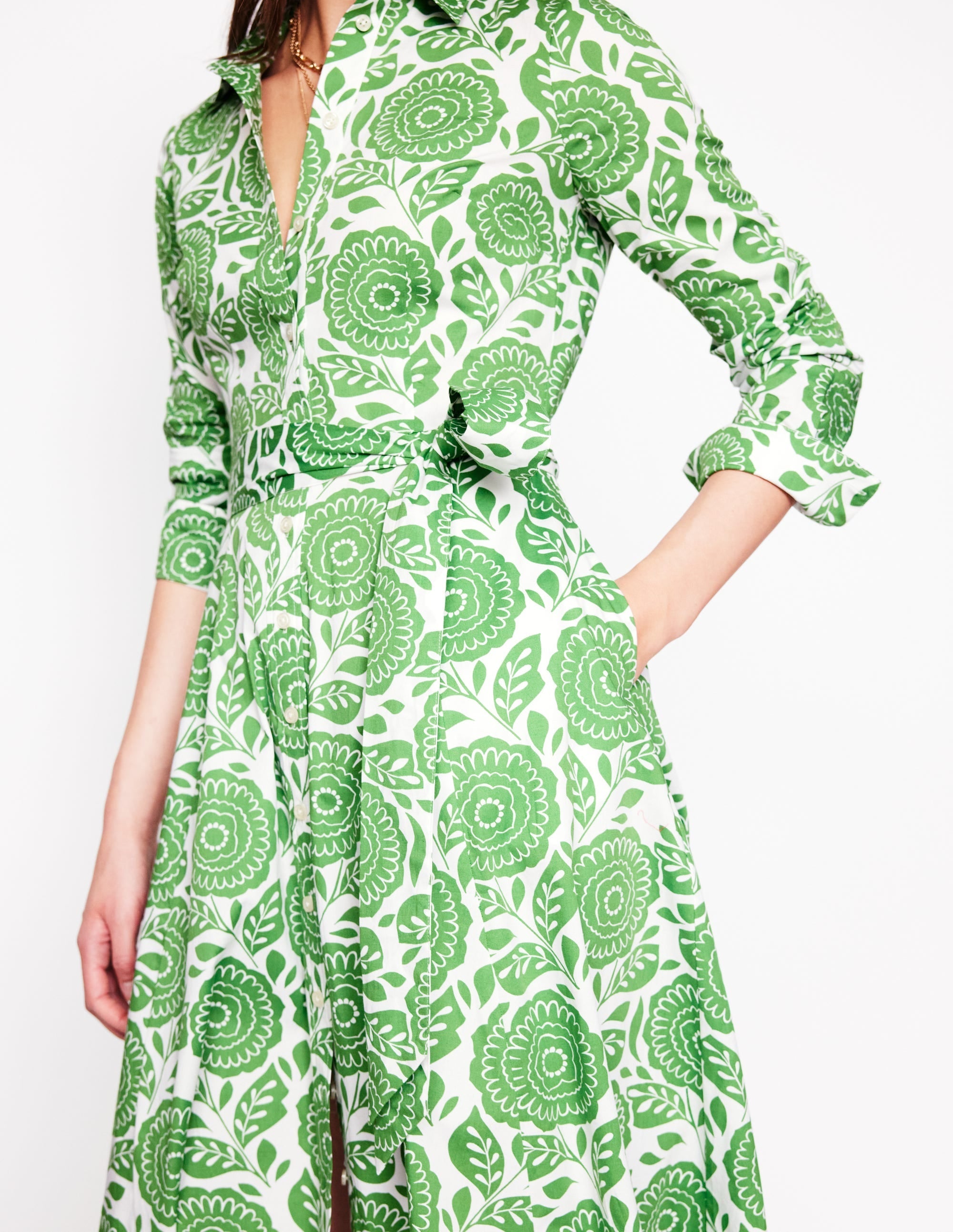 Amy Cotton Midi Shirt Dress-Paradise Green, Dahlia Stamp - Image 3