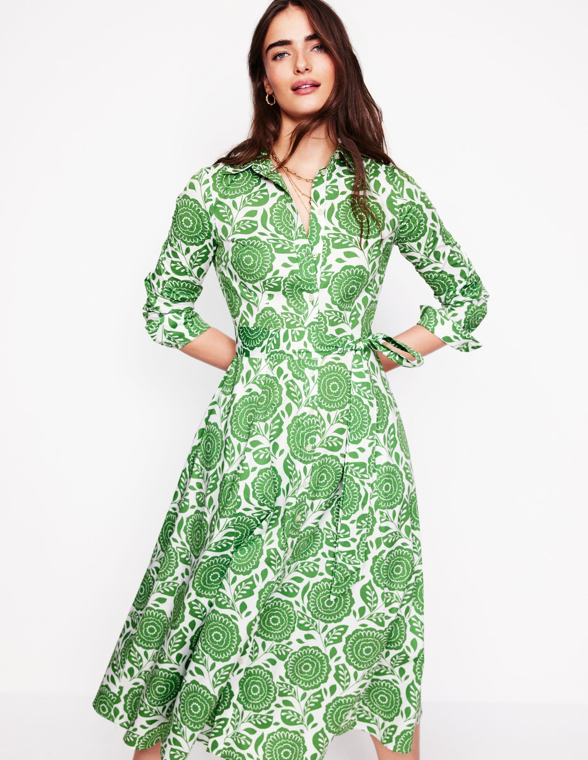 Amy Cotton Midi Shirt Dress-Paradise Green, Dahlia Stamp-5