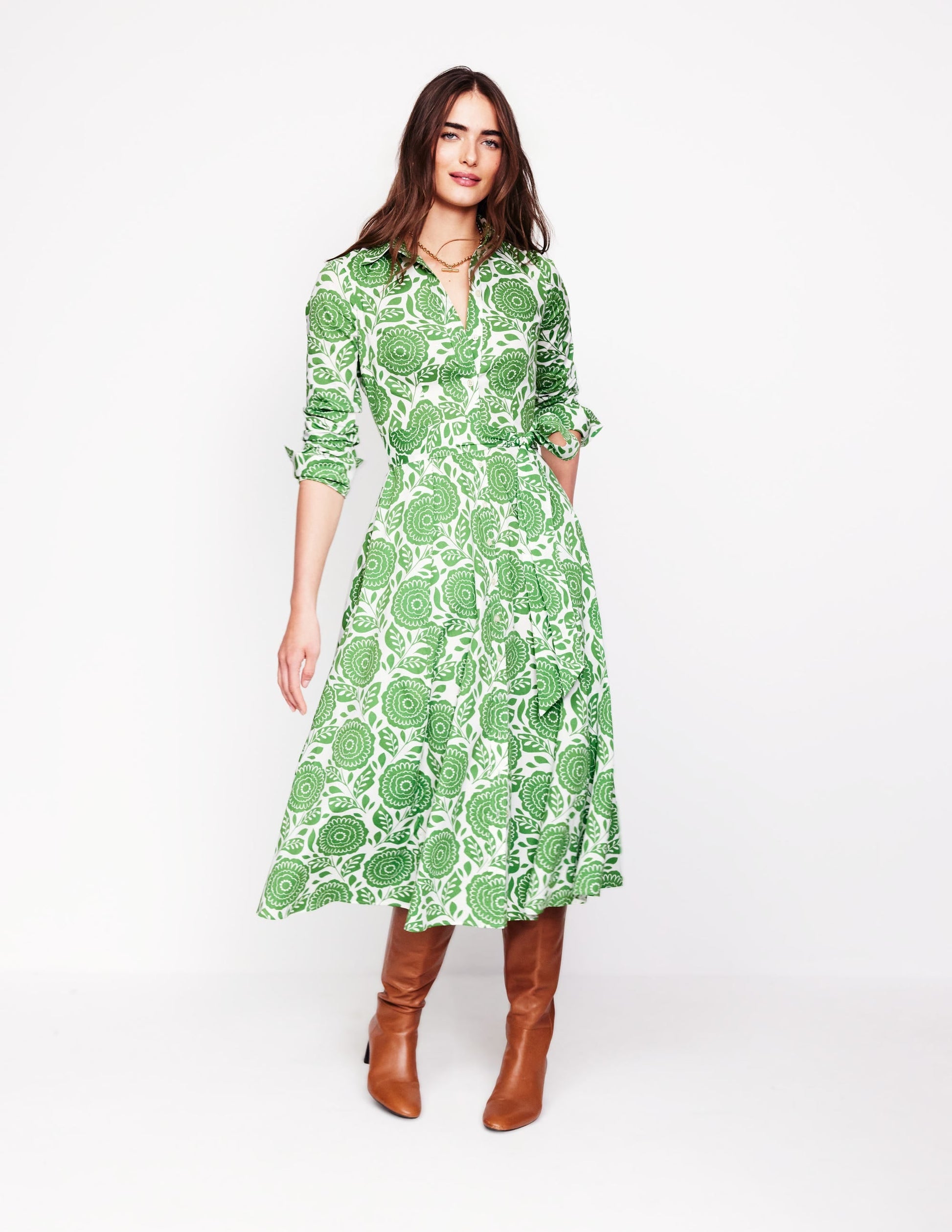 Amy Cotton Midi Shirt Dress-Paradise Green, Dahlia Stamp-6