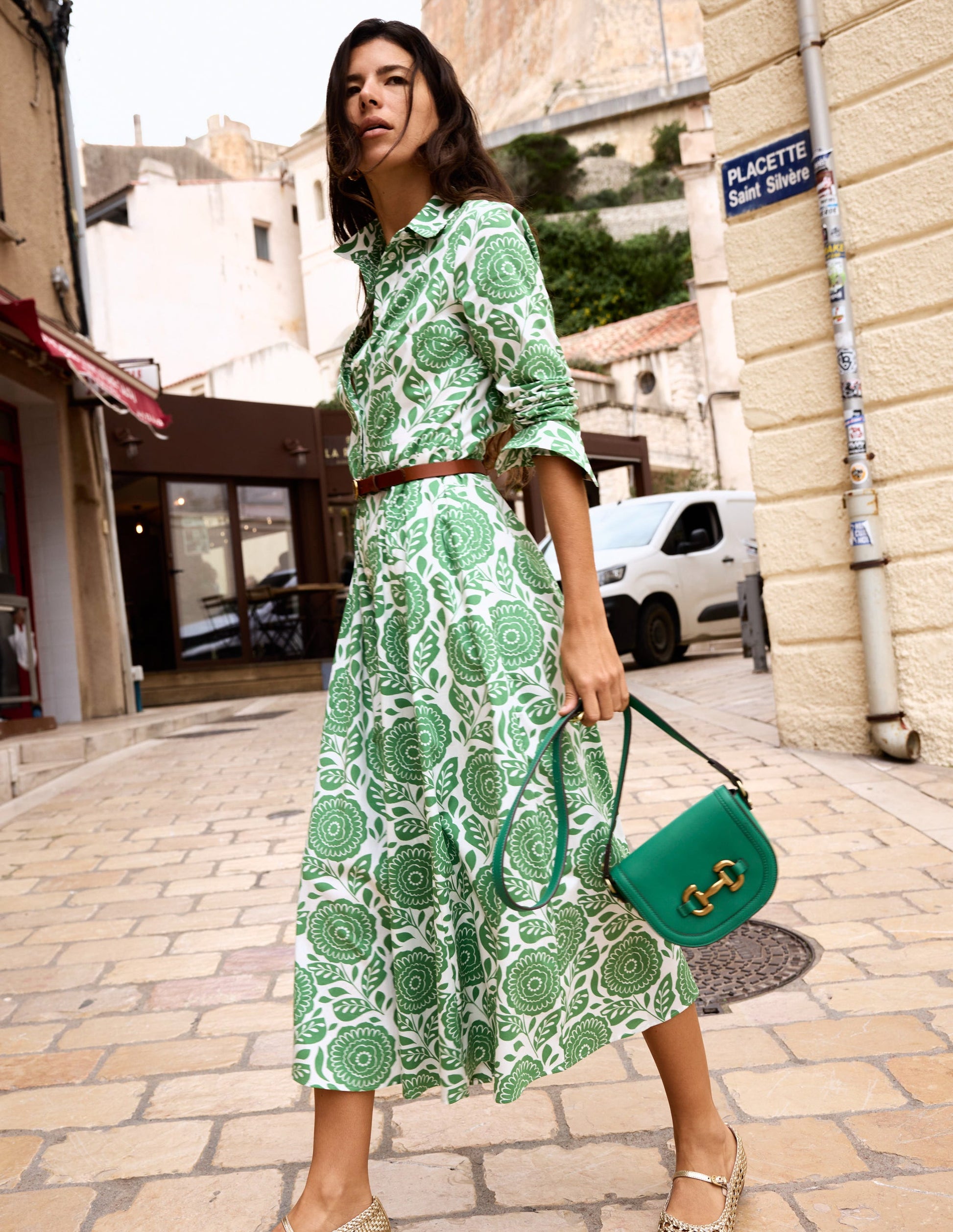 Amy Cotton Midi Shirt Dress-Paradise Green, Dahlia Stamp-2