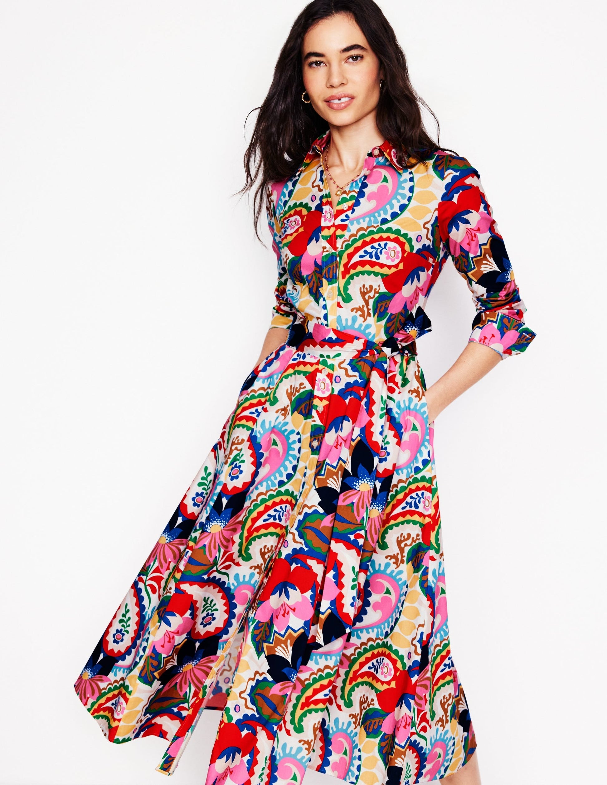 Amy Cotton Midi Shirt Dress-Ivory, Botanical Paisley-1
