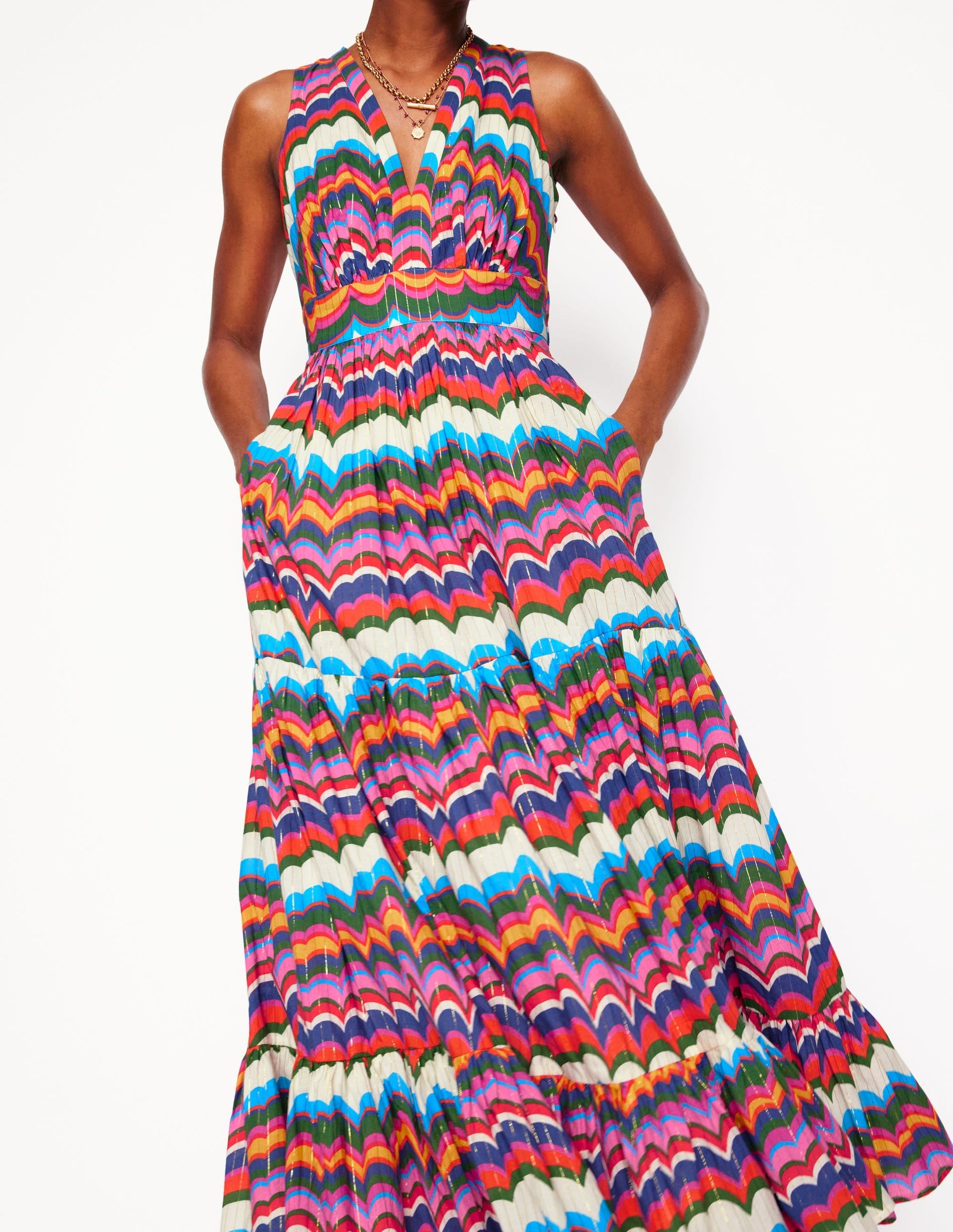 Serena Cotton Tie Maxi Dress-Multi, Abstract Wave-3