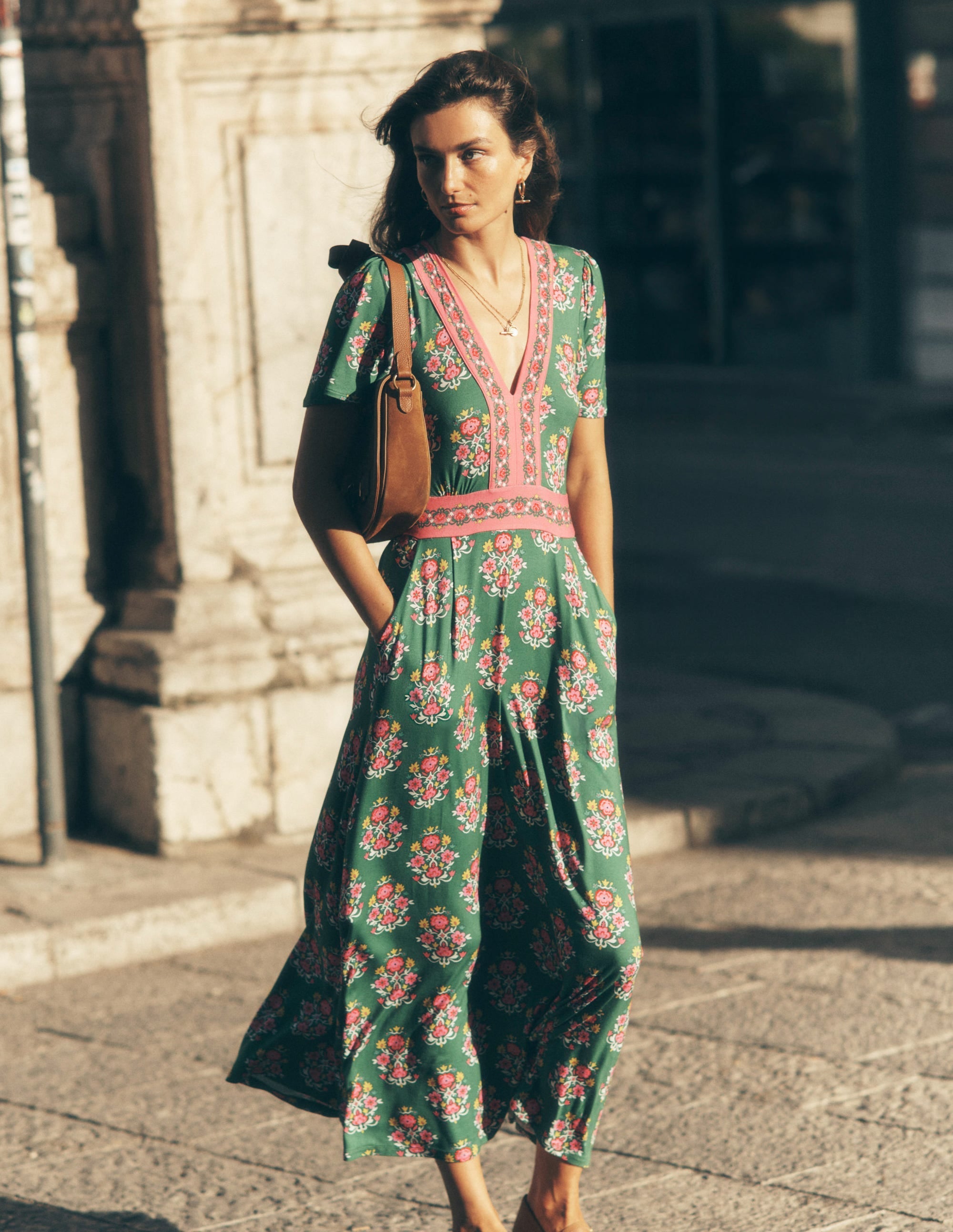 Ellie Flutter Maxi Tea Dress-Rich Emerald, Wildflower Stamp - Image 1