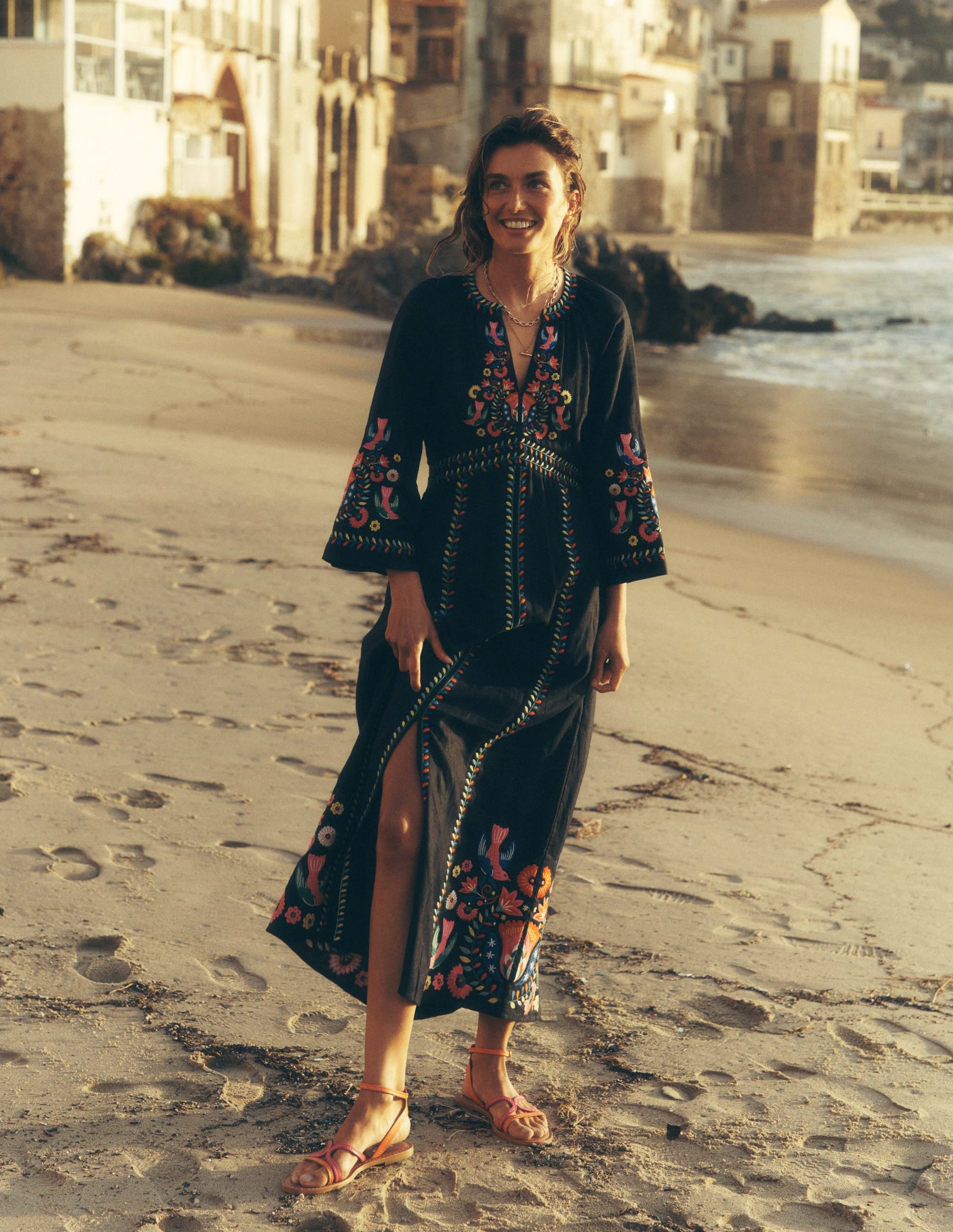 Una Linen Embroidered Dress-Navy, Multi Embroidery-1