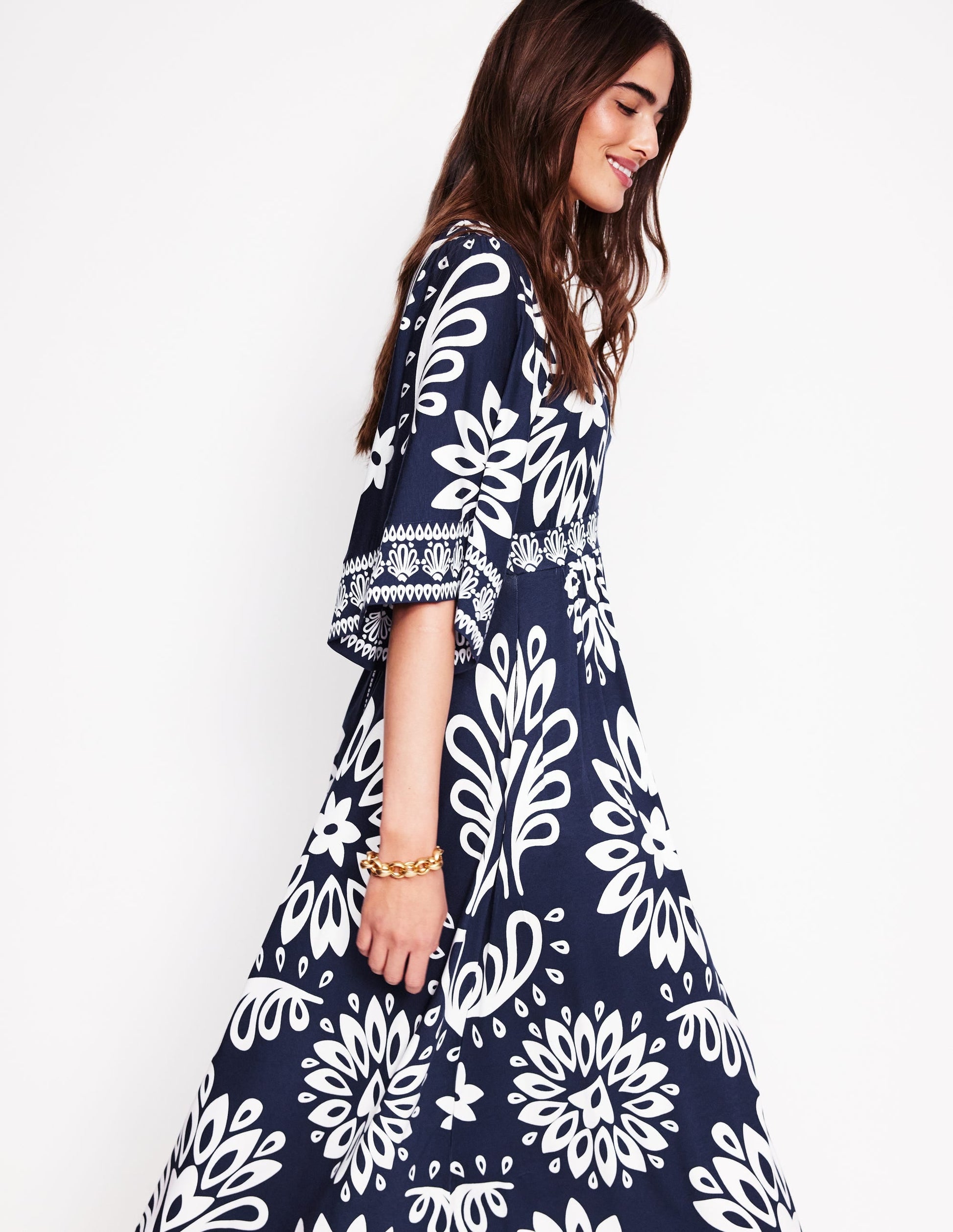 Maya Kimono Jersey Maxi Dress-French Navy, Palm Foliage-1