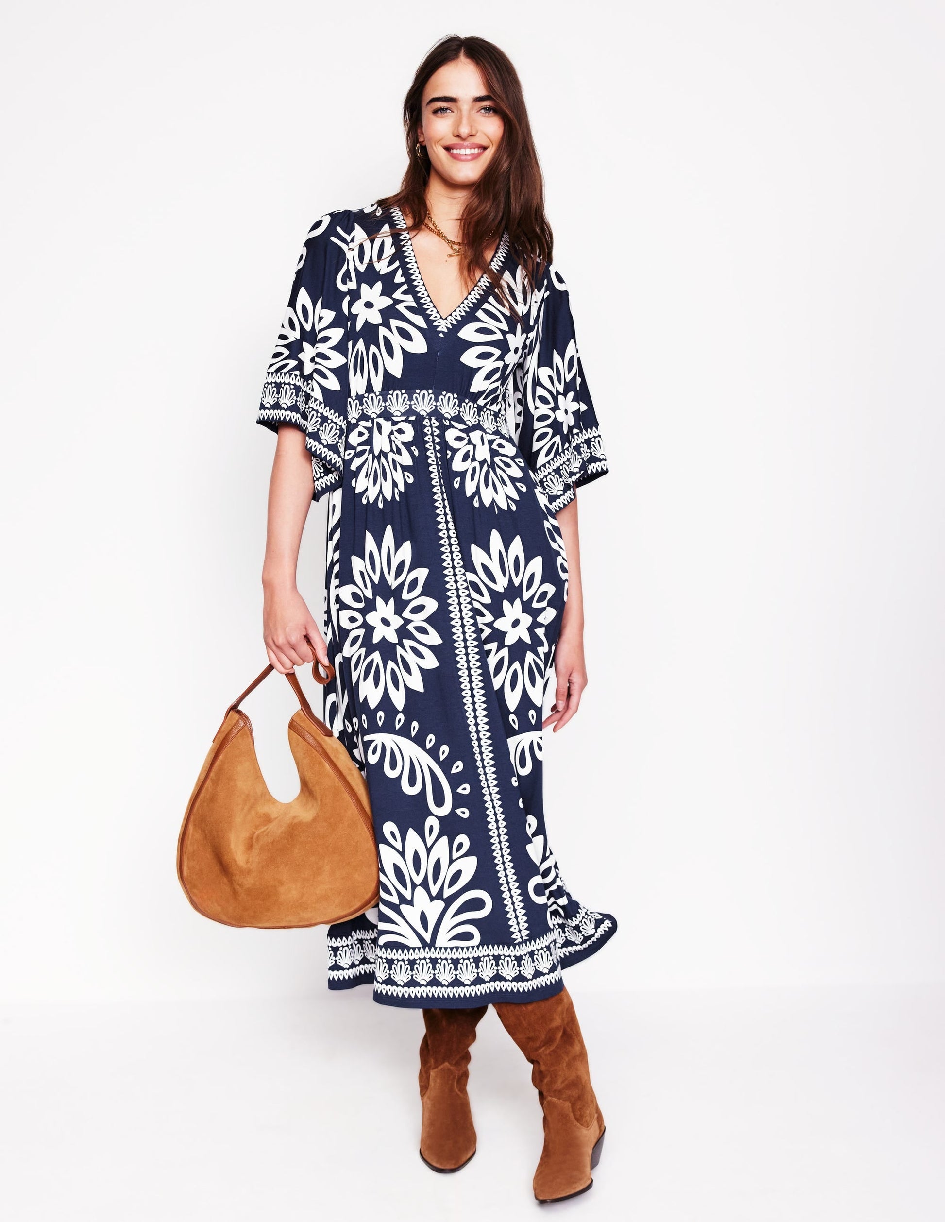 Maya Kimono Jersey Maxi Dress-French Navy, Palm Foliage-6