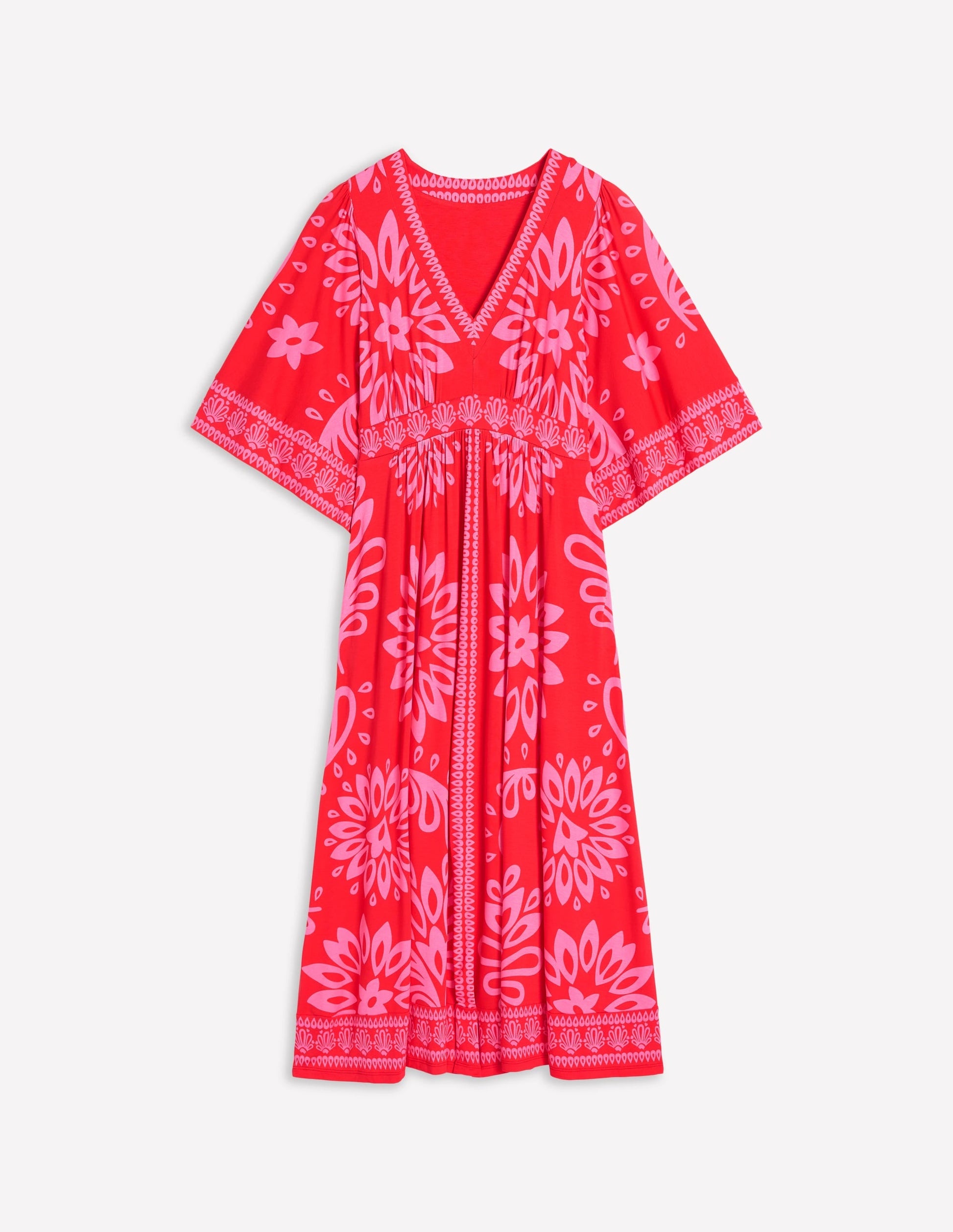Maya Kimono Jersey Maxi Dress-Strawberry Red, Palm Foliage-5
