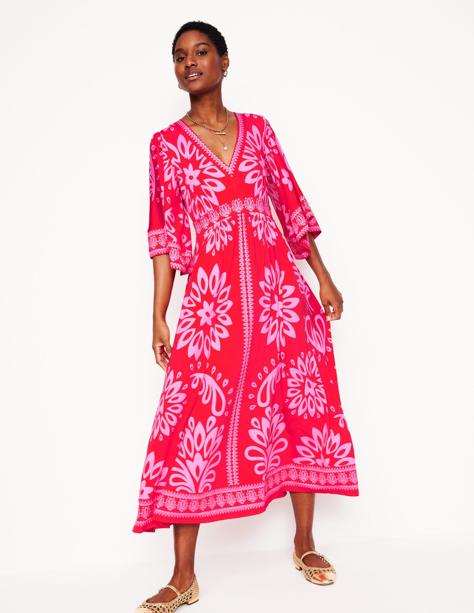 Maya Kimono Jersey Maxi Dress-Strawberry Red, Palm Foliage-1