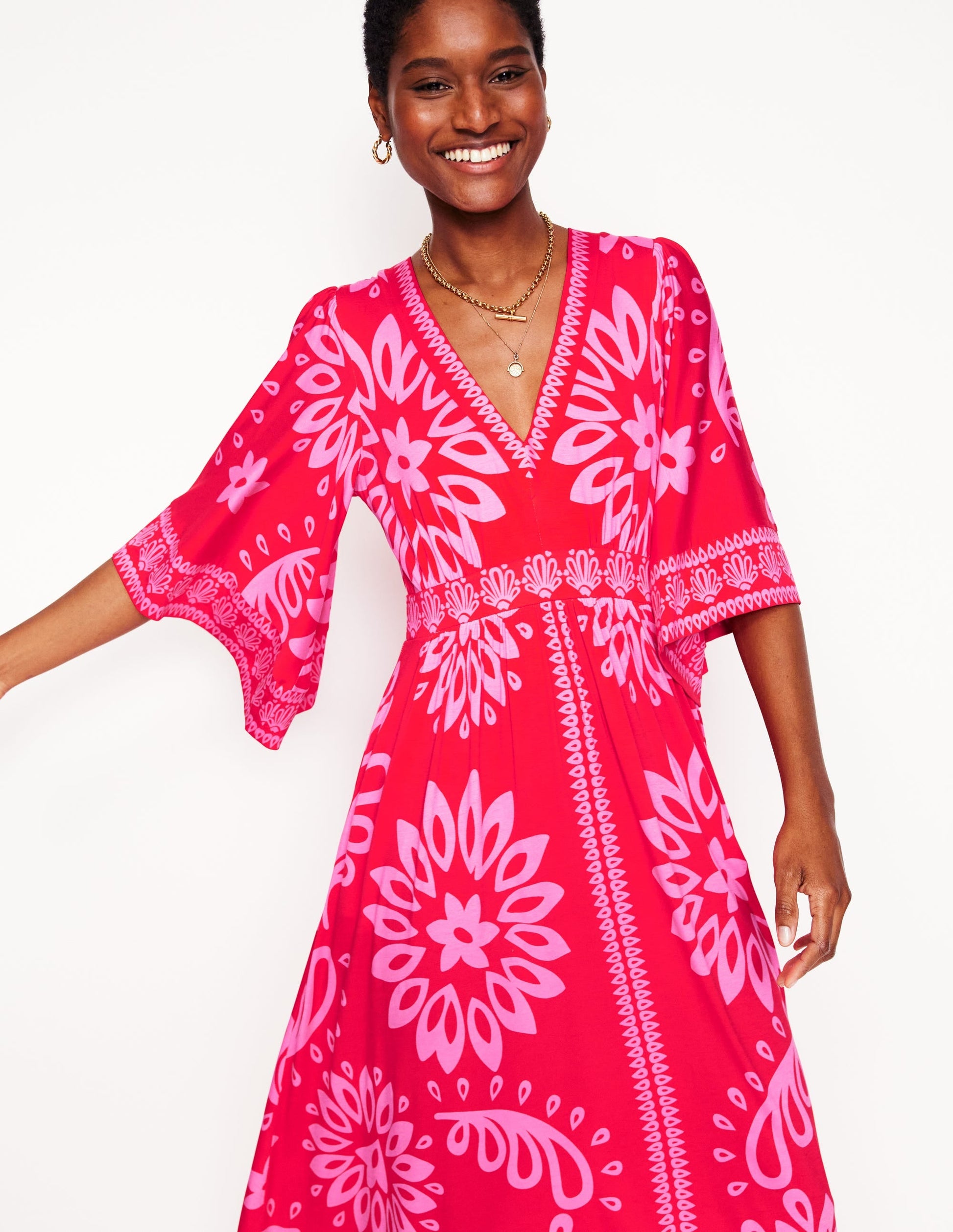 Maya Kimono Jersey Maxi Dress-Strawberry Red, Palm Foliage-2