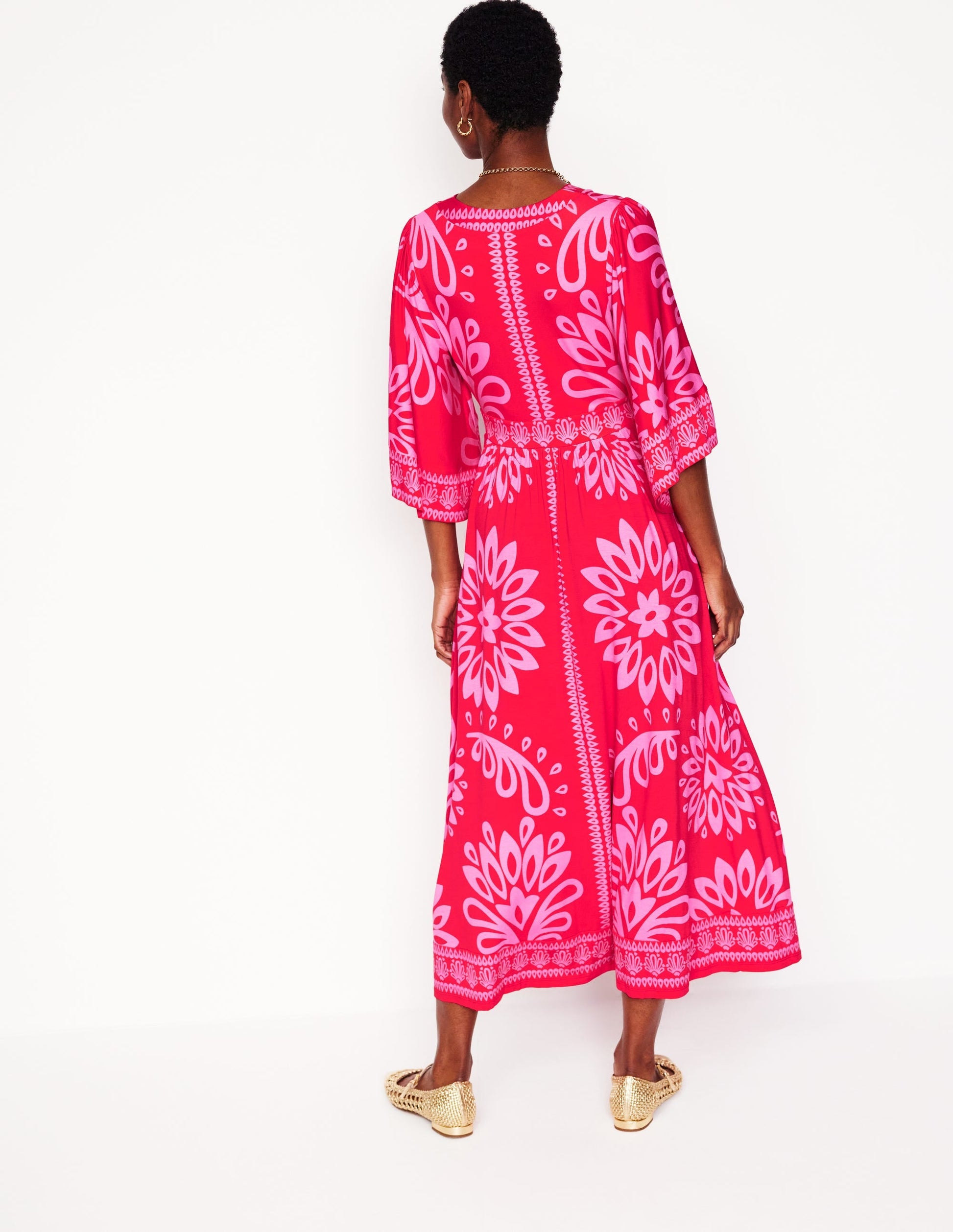 Maya Kimono Jersey Maxi Dress-Strawberry Red, Palm Foliage-3
