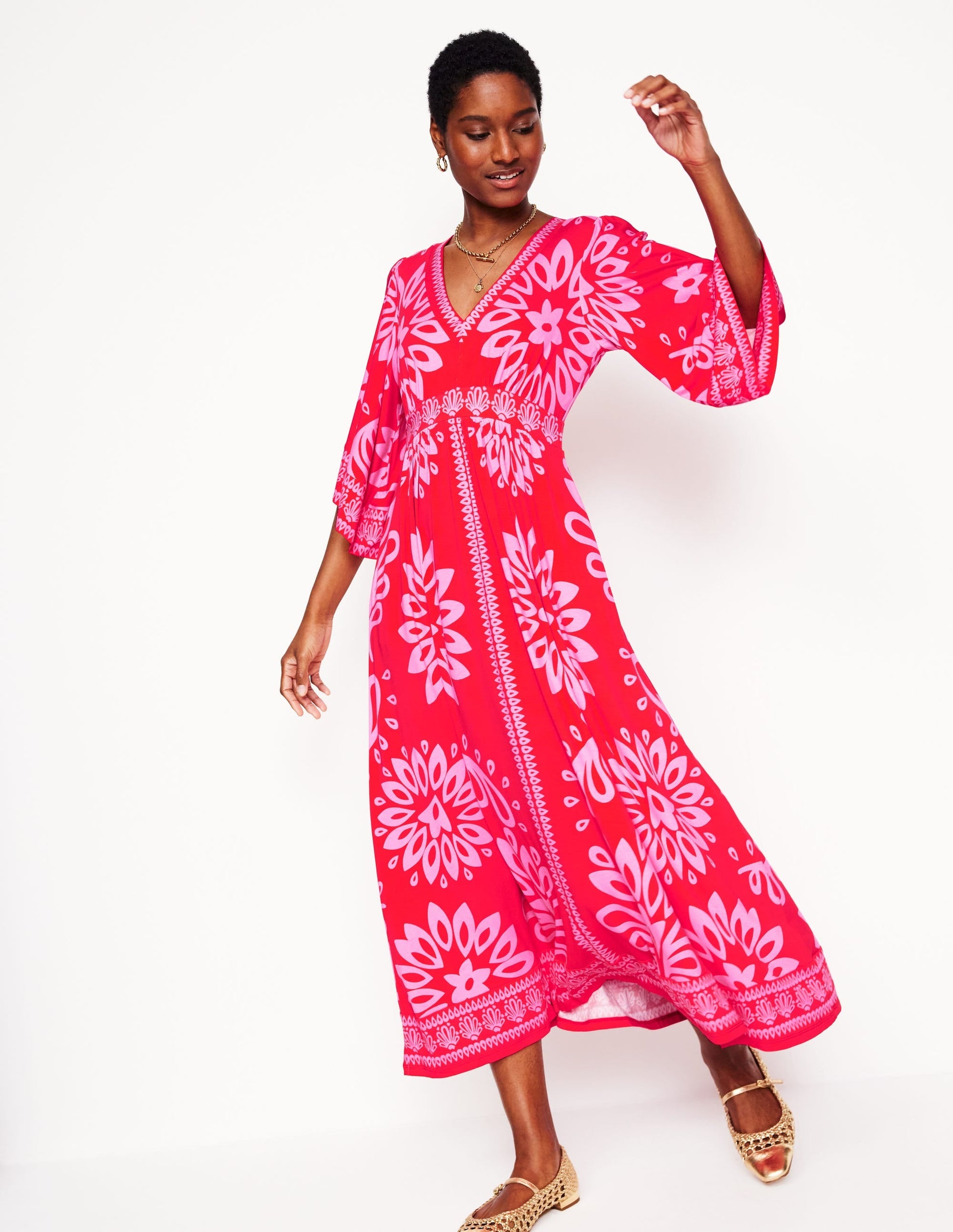 Maya Kimono Jersey Maxi Dress-Strawberry Red, Palm Foliage-4