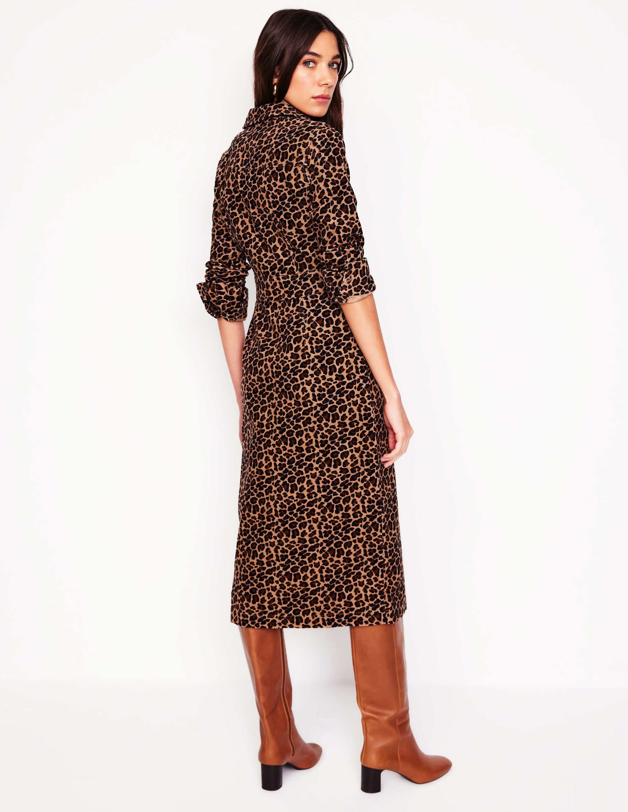Flora Cord Midi Shirt Dress-Camel, Cheetah Pop - Image 3