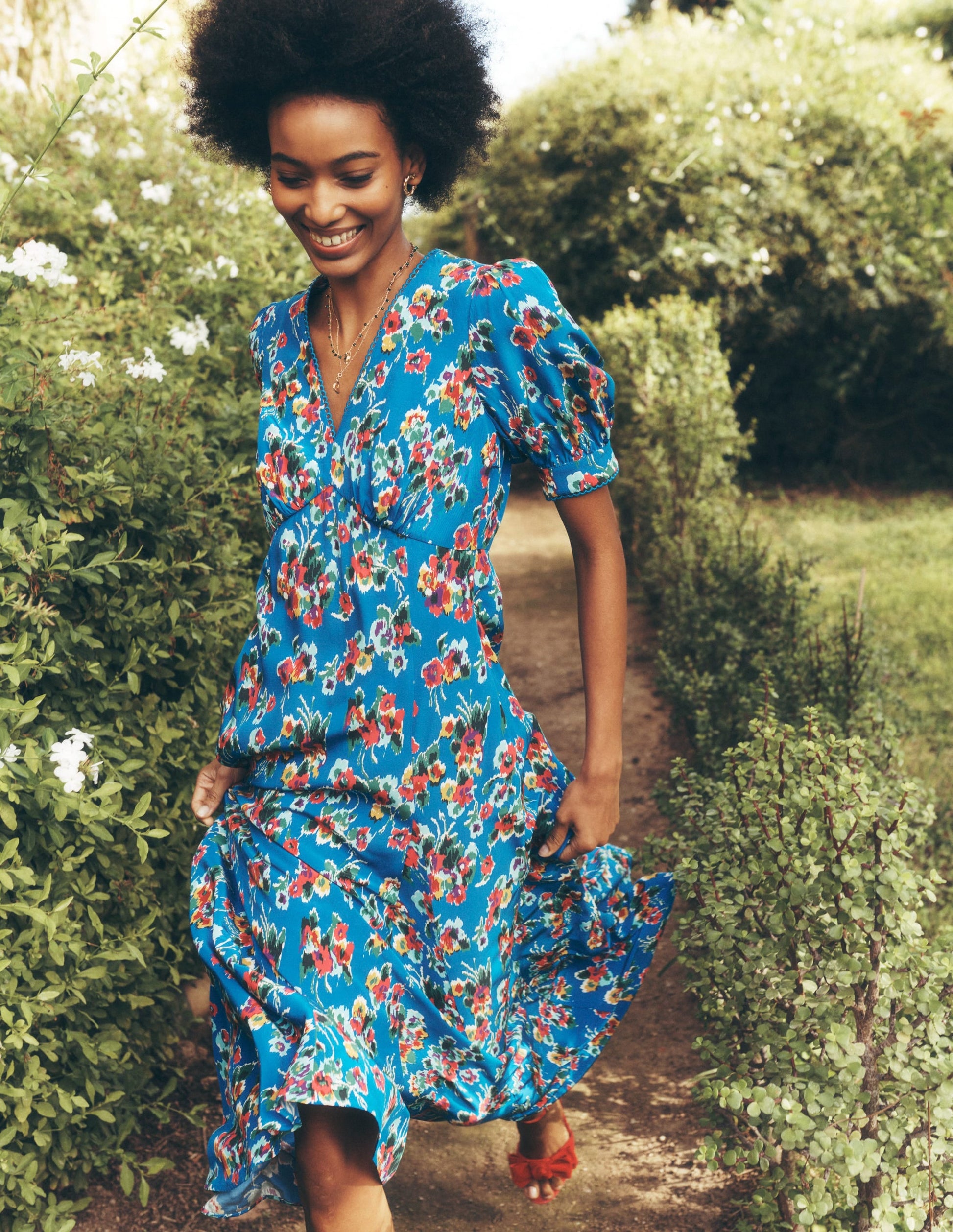 Rosie Godet Tea Dress-Gallery Blue, Abstract Posy-1