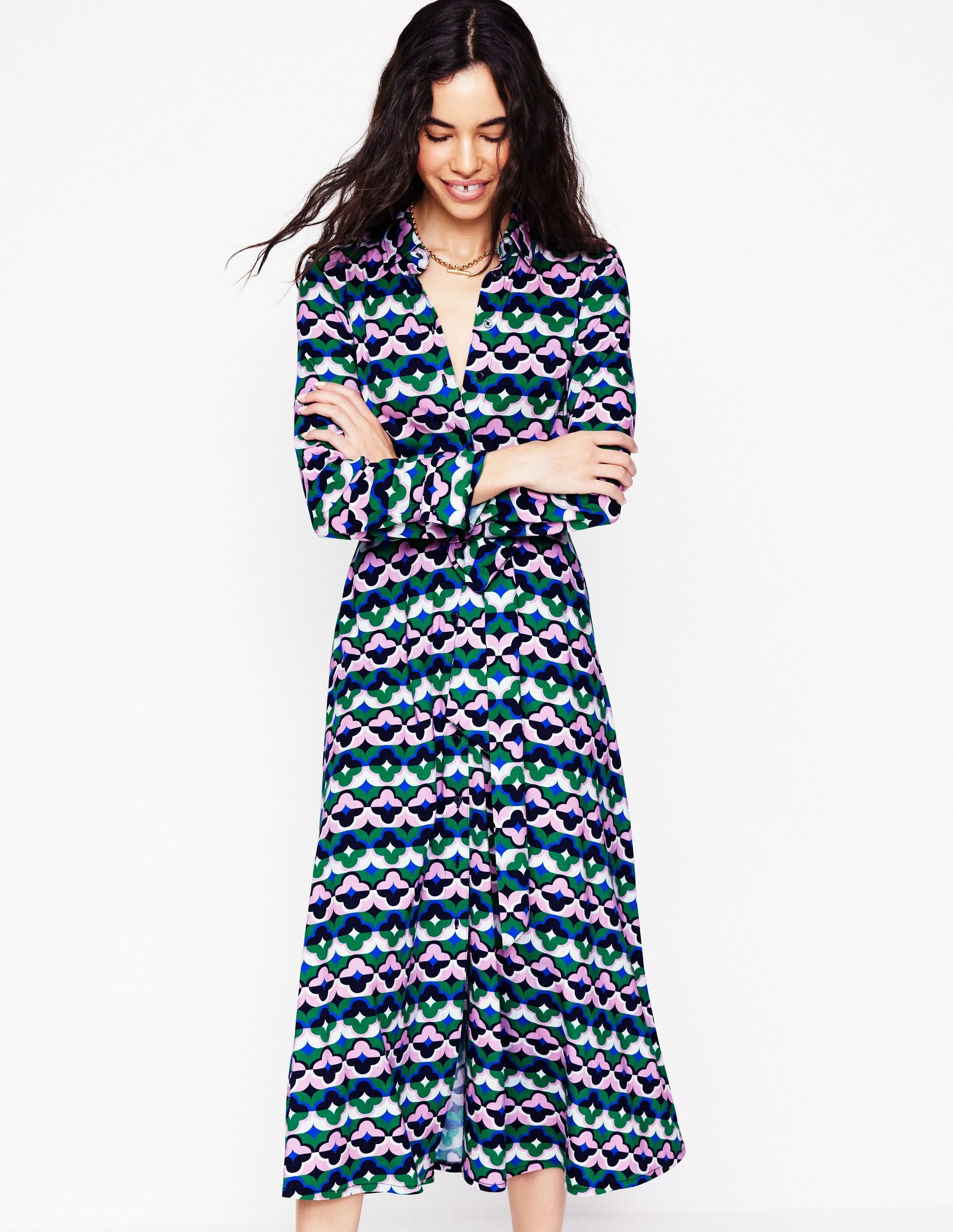 Marcia Jersey Midi Shirt Dress-Rich Emerald, Lucky Clover - Image 1