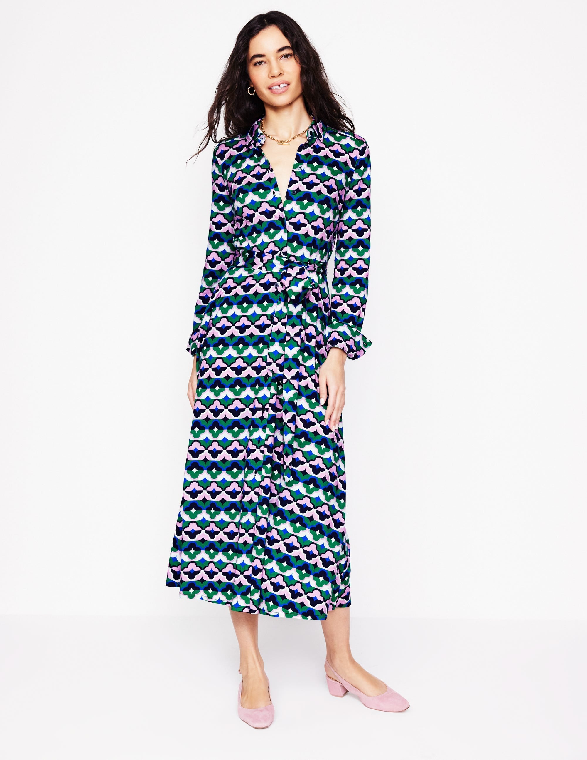 Marcia Jersey Midi Shirt Dress-Rich Emerald, Lucky Clover - Image 4