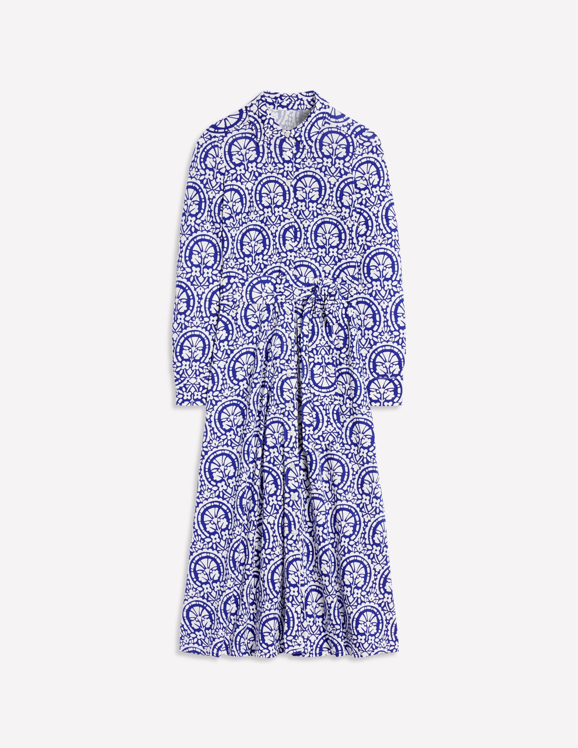 Marcia Jersey Midi Shirt Dress-Bright Blue, Elaborate Stamp - Image 9