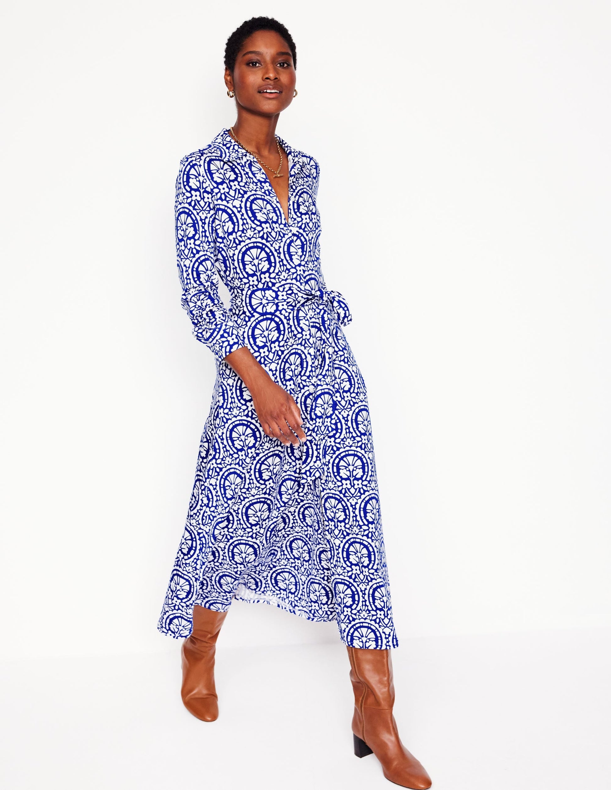 Marcia Jersey Midi Shirt Dress-Bright Blue, Elaborate Stamp-1