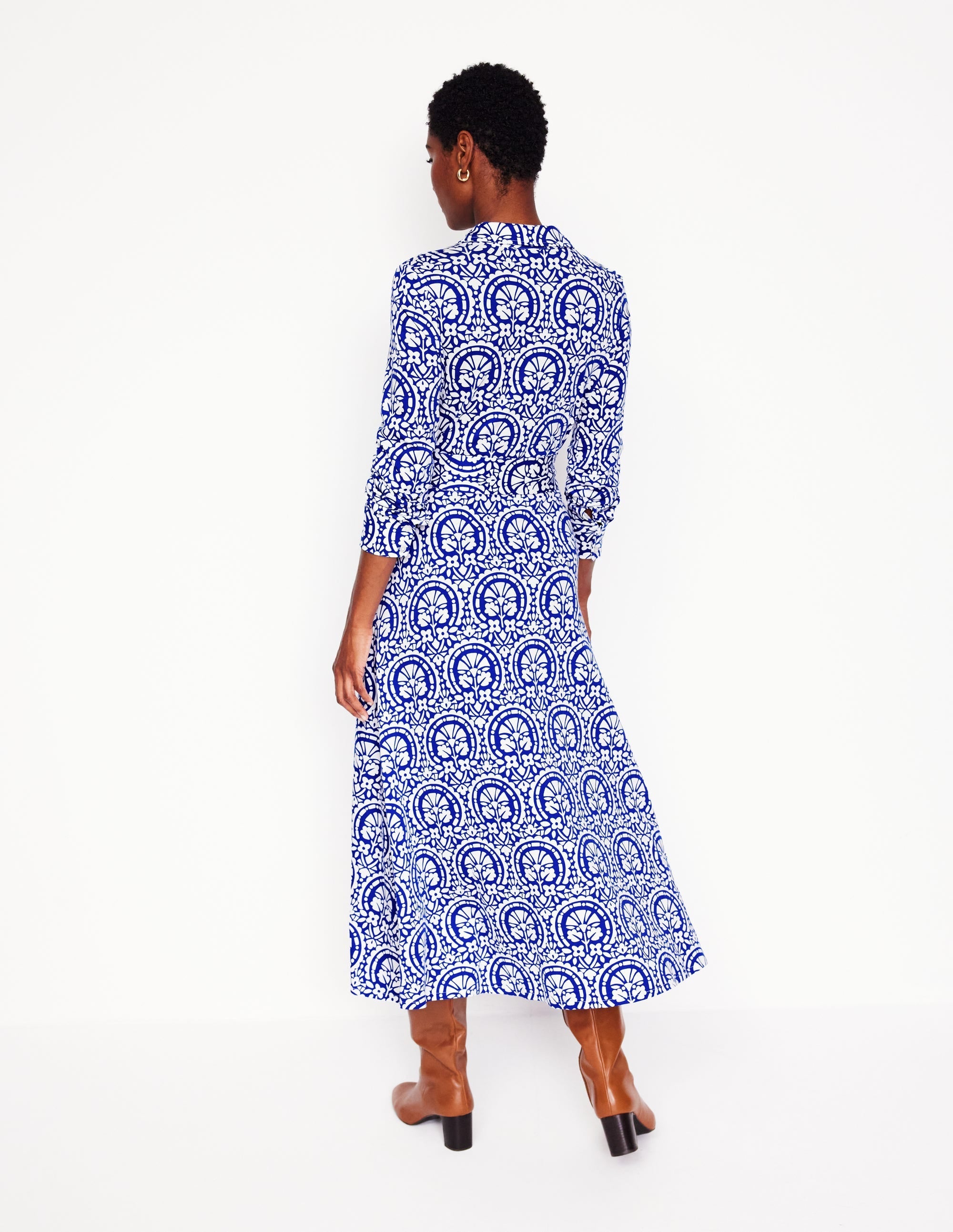Marcia Jersey Midi Shirt Dress-Bright Blue, Elaborate Stamp - Image 4