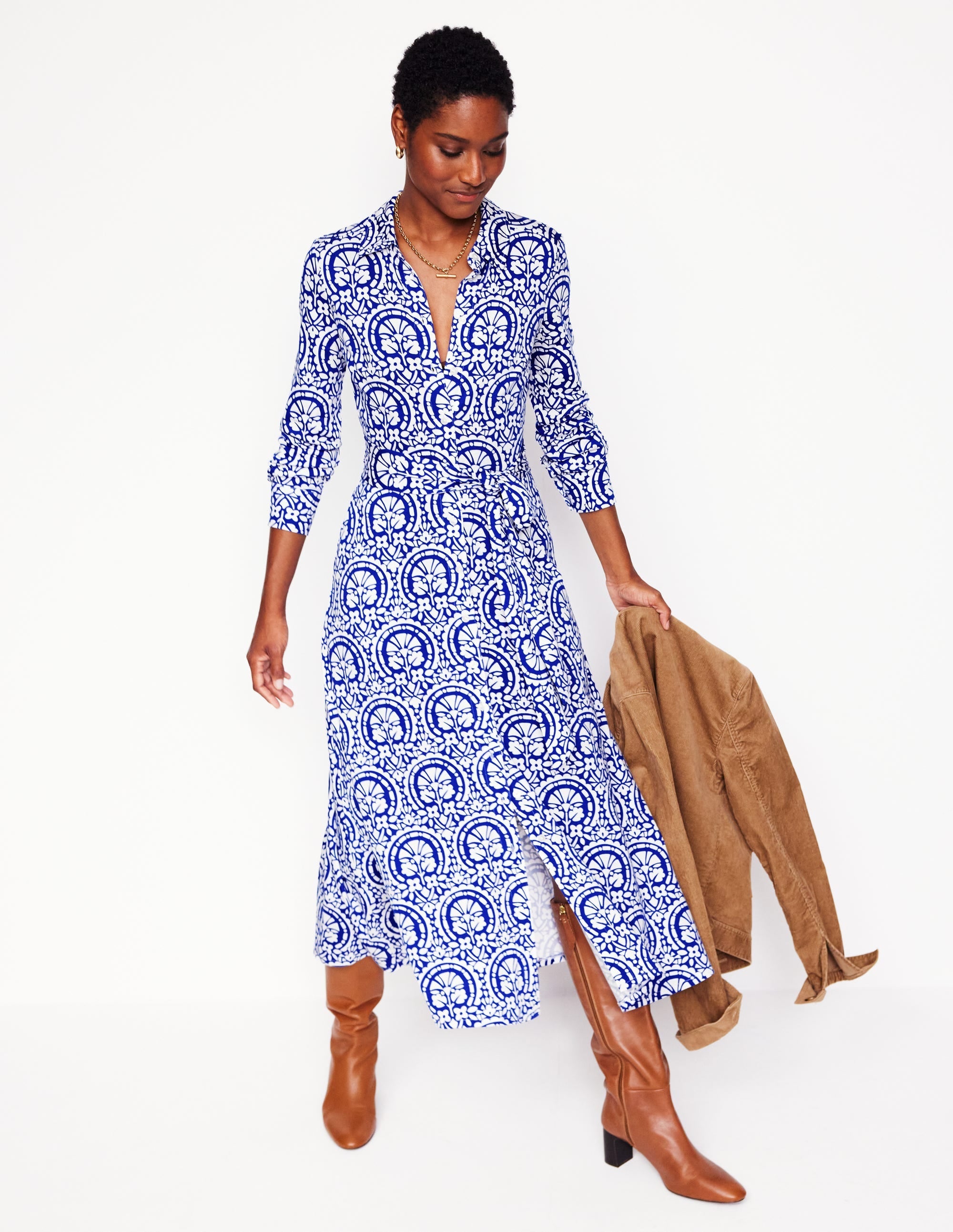 Marcia Jersey Midi Shirt Dress-Bright Blue, Elaborate Stamp - Image 5