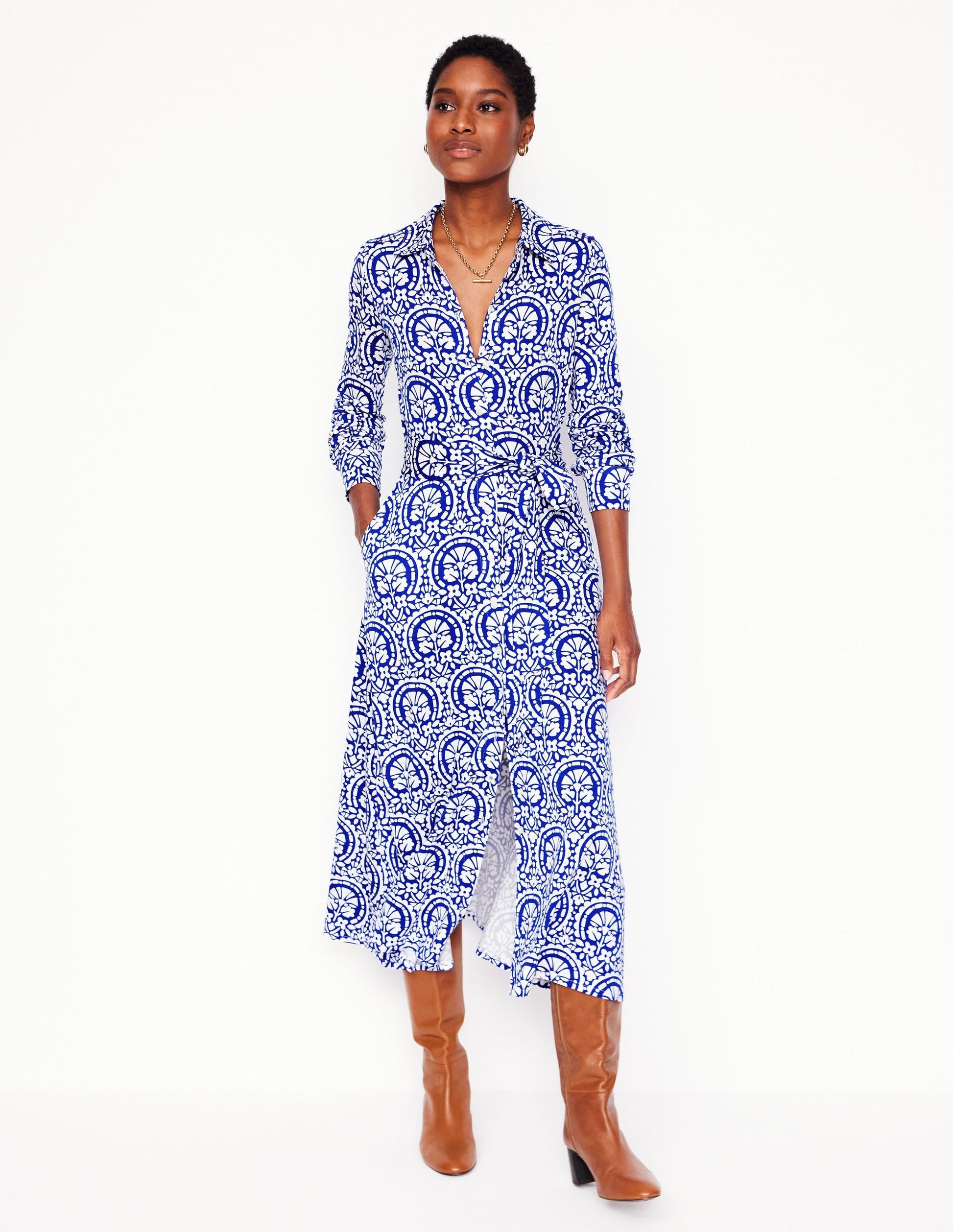 Marcia Jersey Midi Shirt Dress-Bright Blue, Elaborate Stamp-7