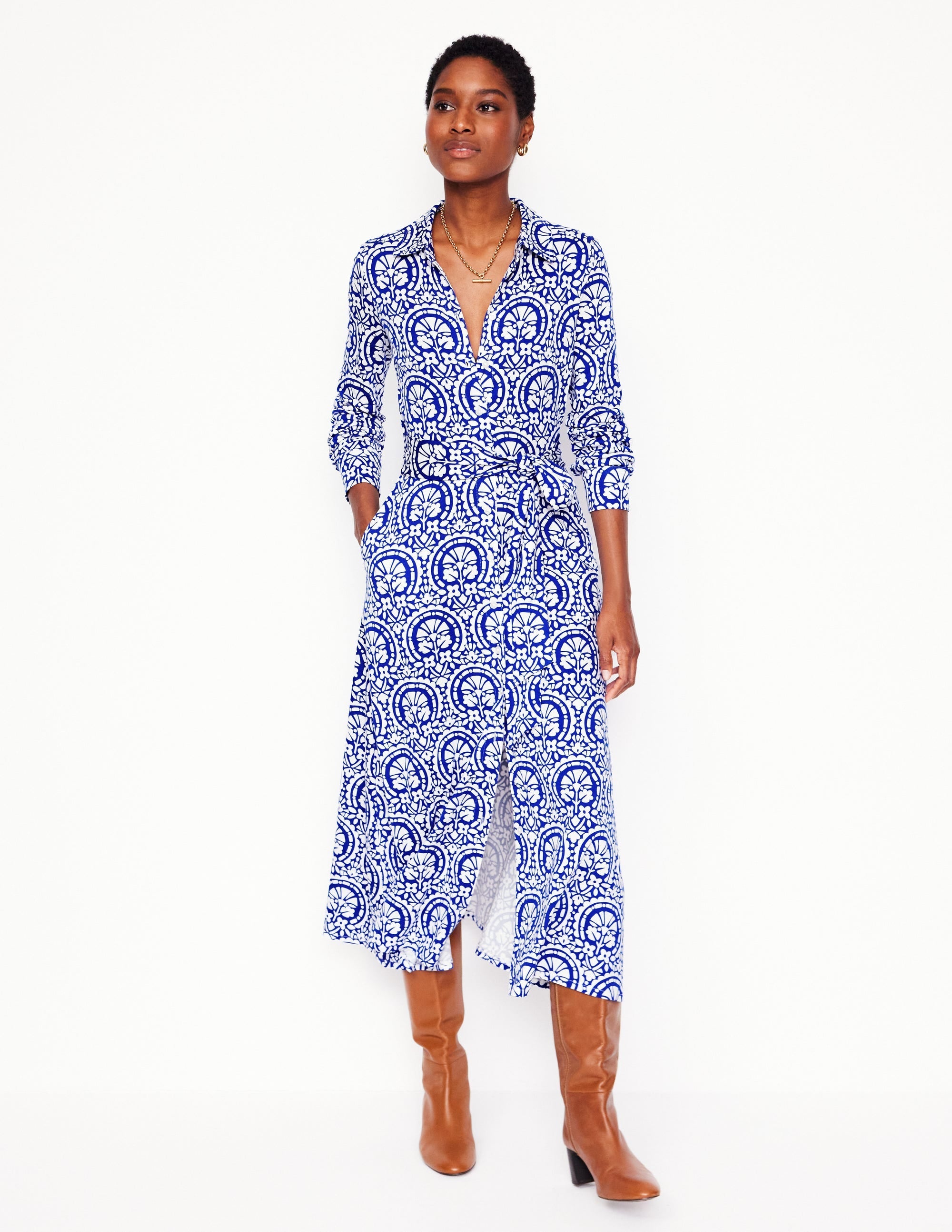 Marcia Jersey Midi Shirt Dress-Bright Blue, Elaborate Stamp - Image 7