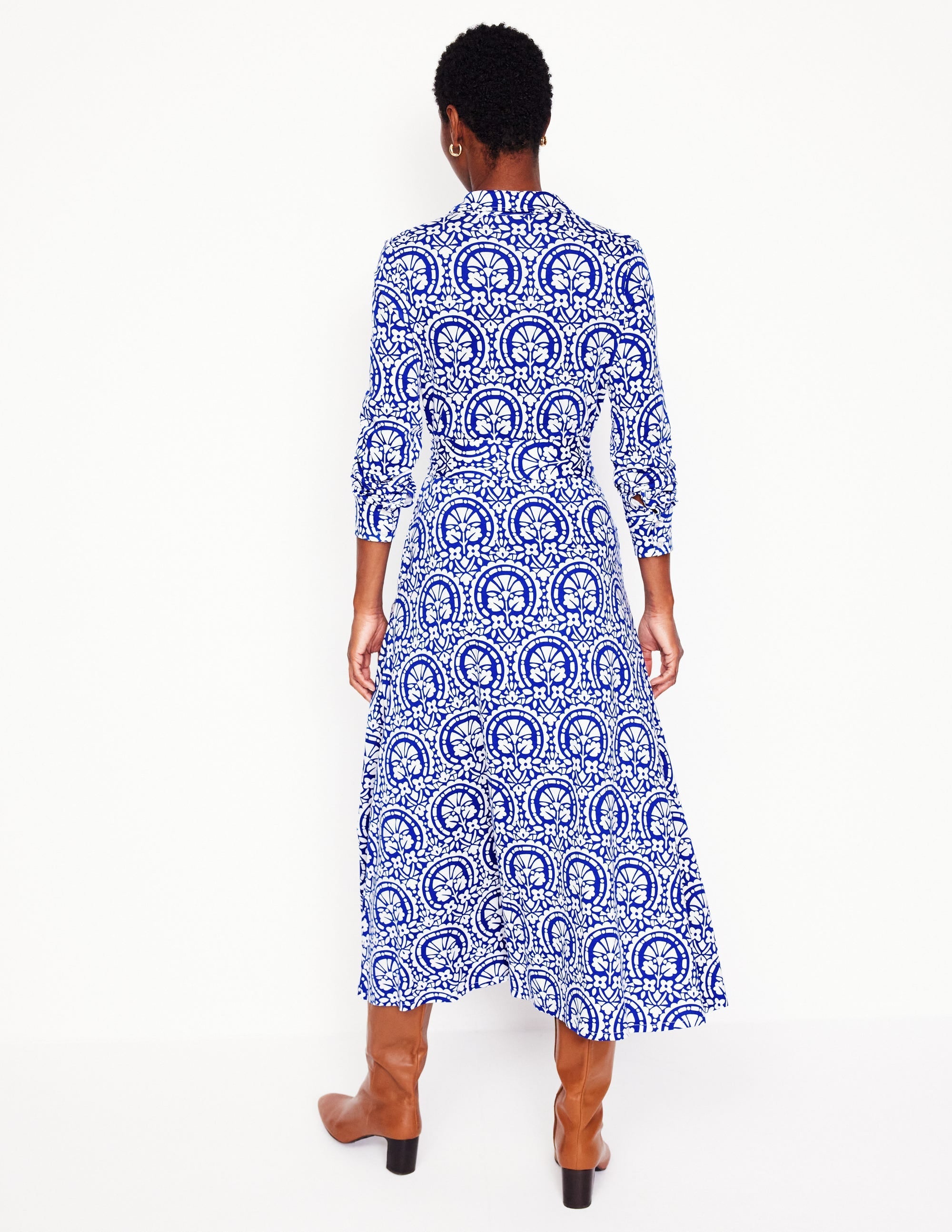 Marcia Jersey Midi Shirt Dress-Bright Blue, Elaborate Stamp - Image 8