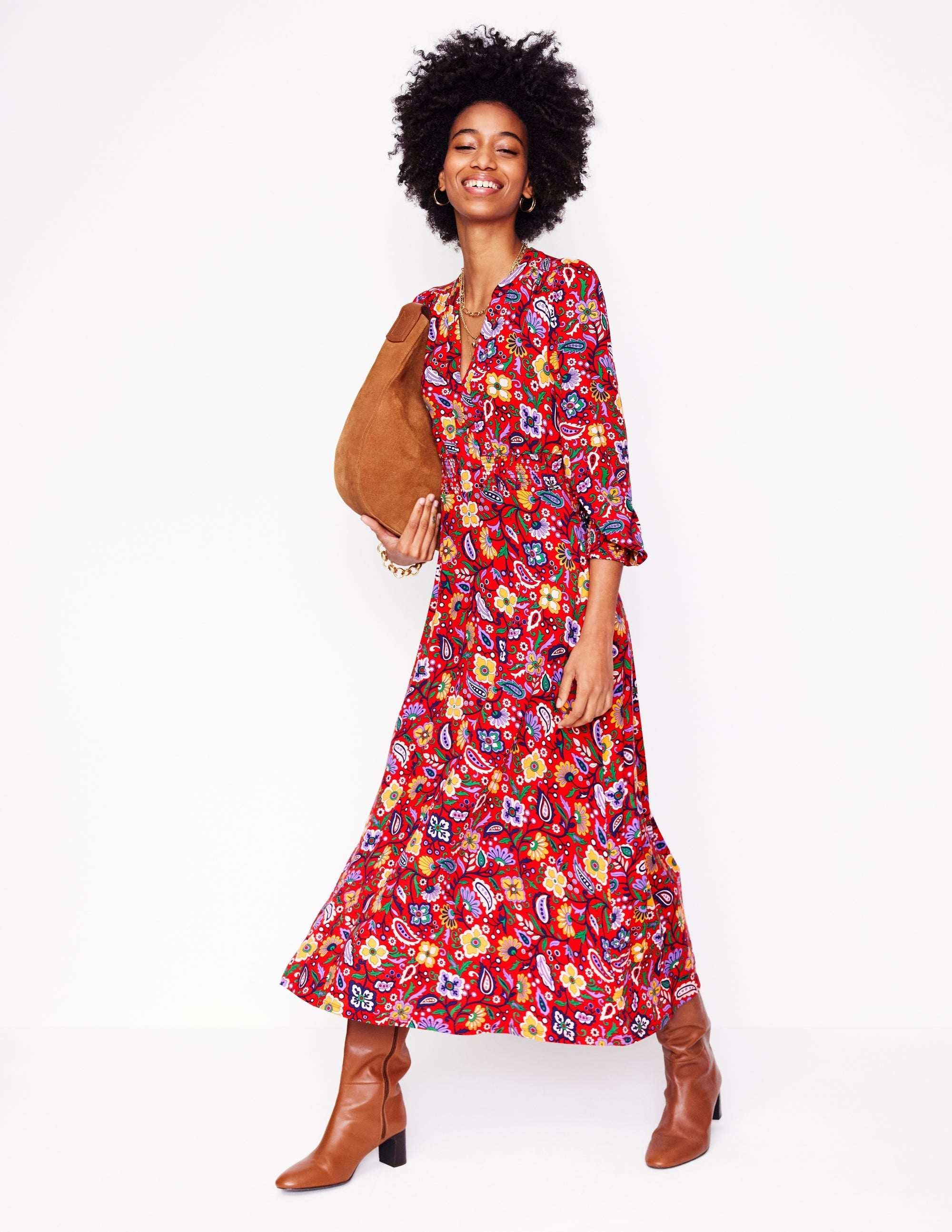 Ivy Smocked Midi Dress-Poppy Red, Oriental Paradise - Image 1