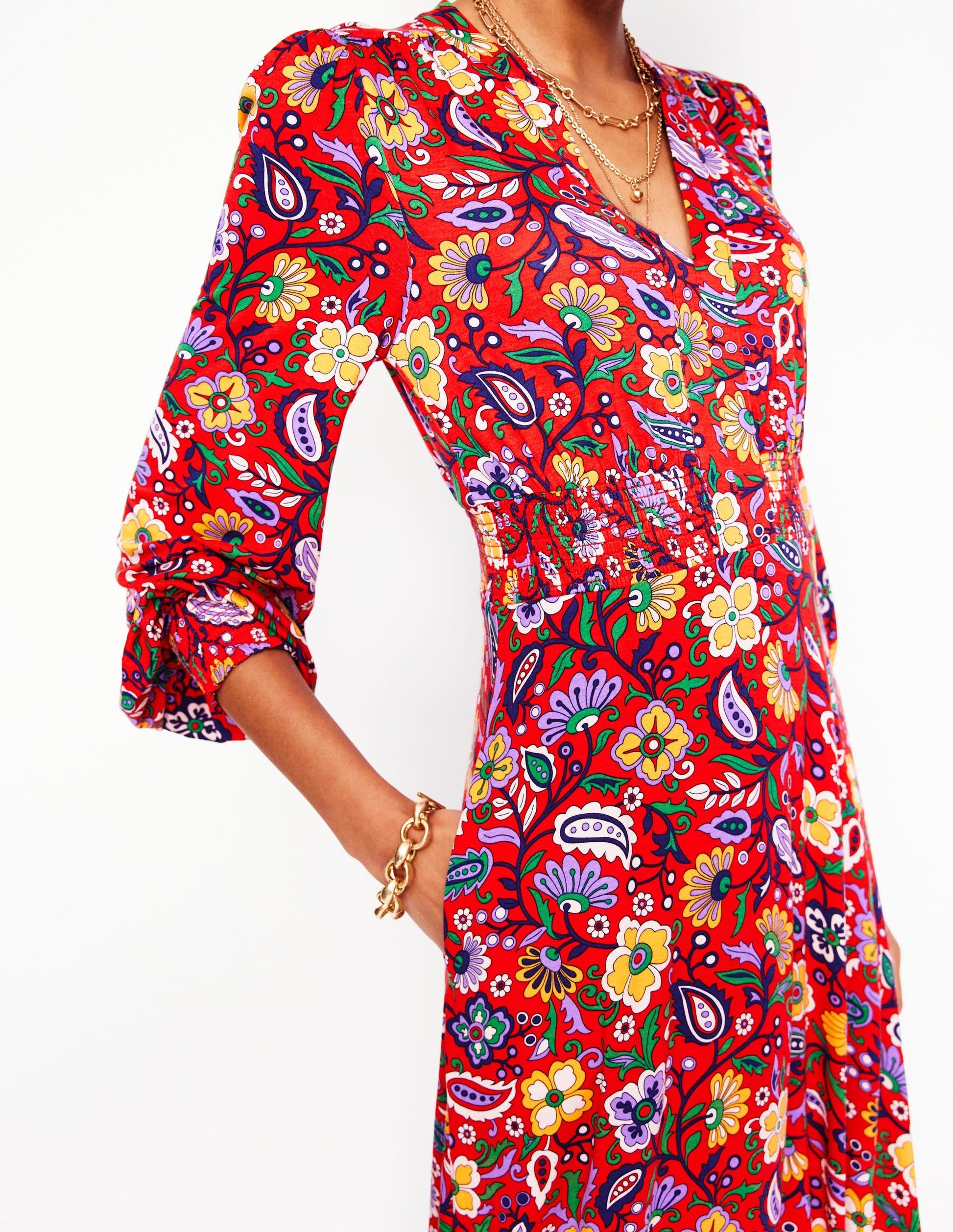 Ivy Smocked Midi Dress-Poppy Red, Oriental Paradise-2