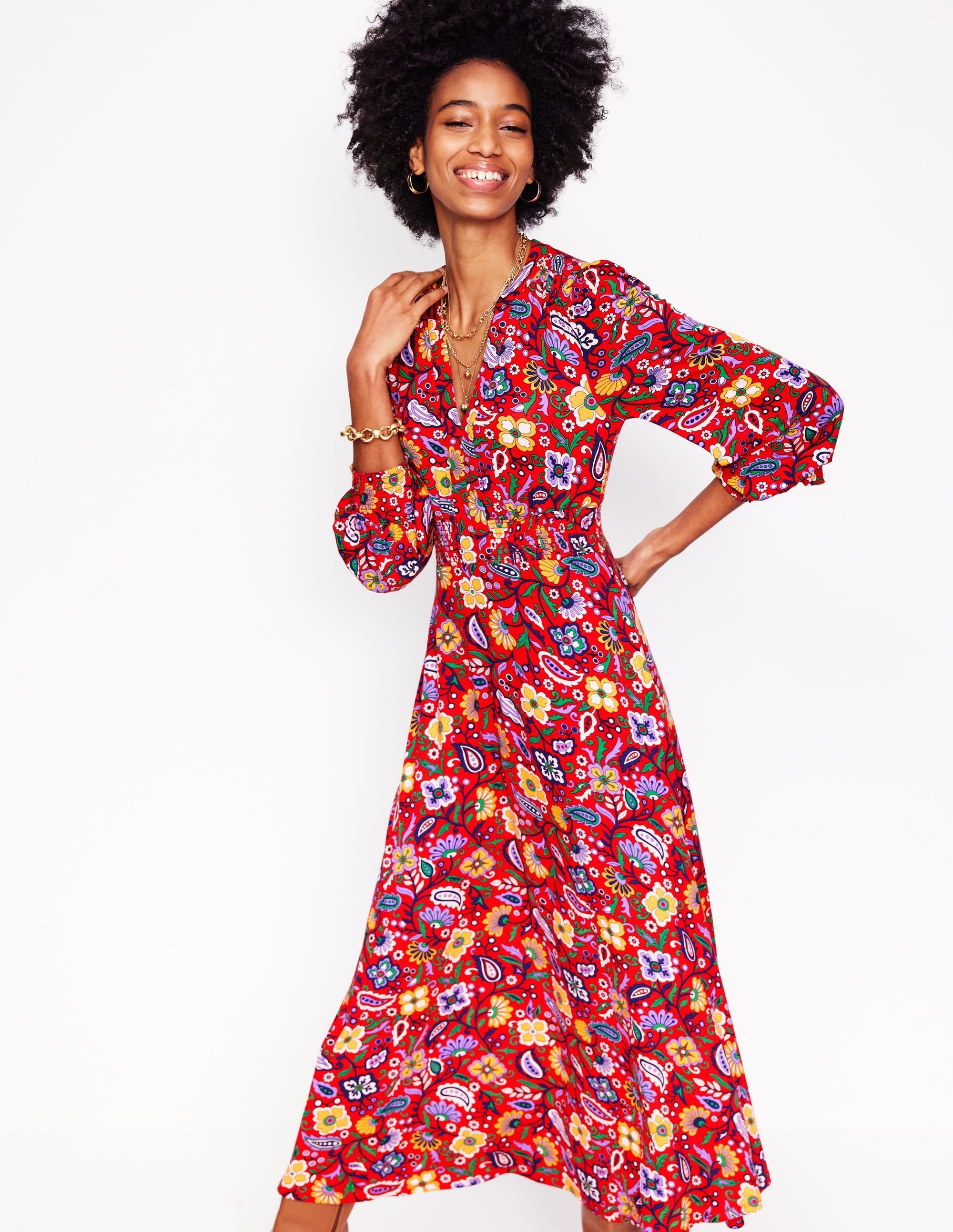 Ivy Smocked Midi Dress-Poppy Red, Oriental Paradise - Image 4
