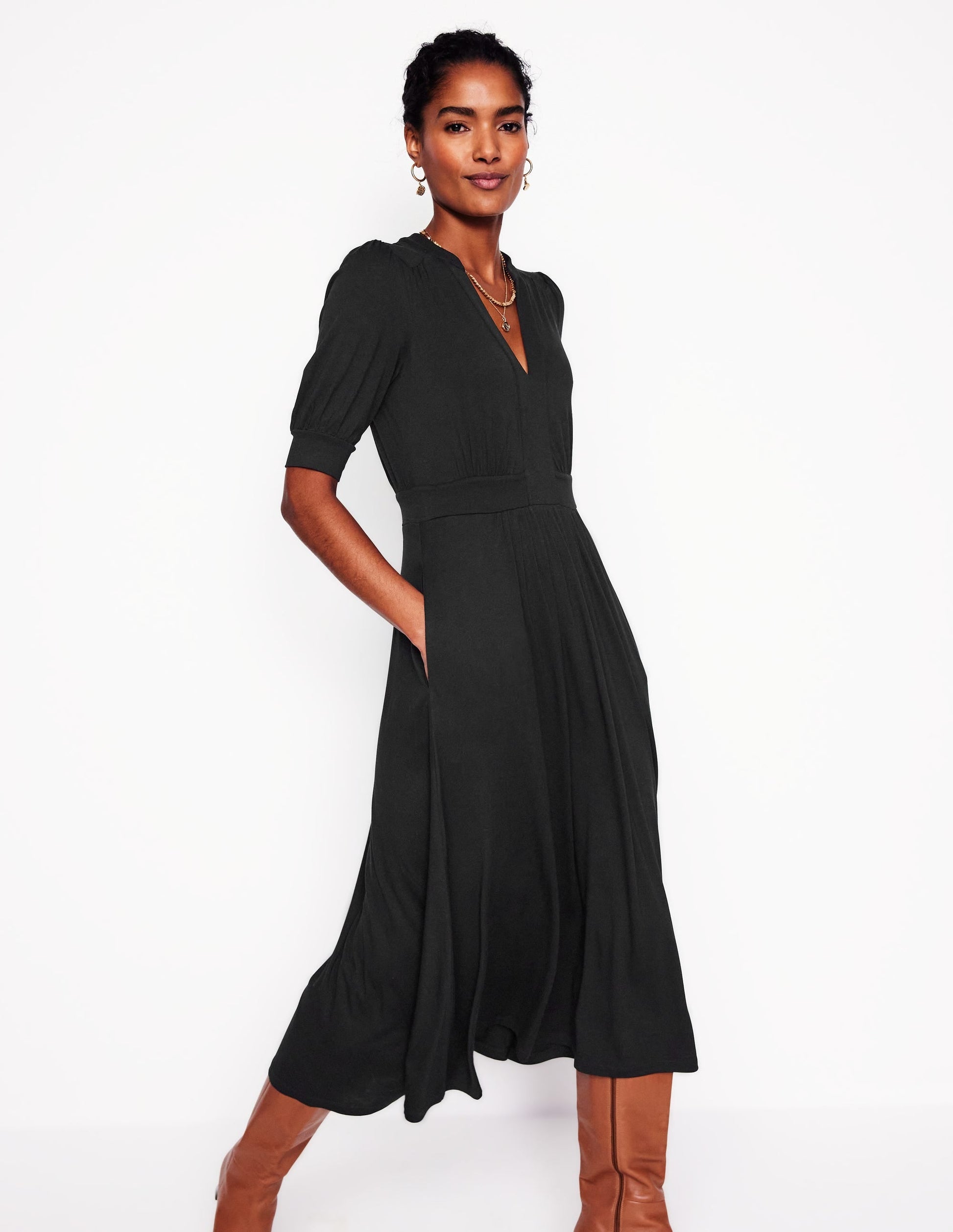 Lily Jersey Midi Tea Dress-Black-1