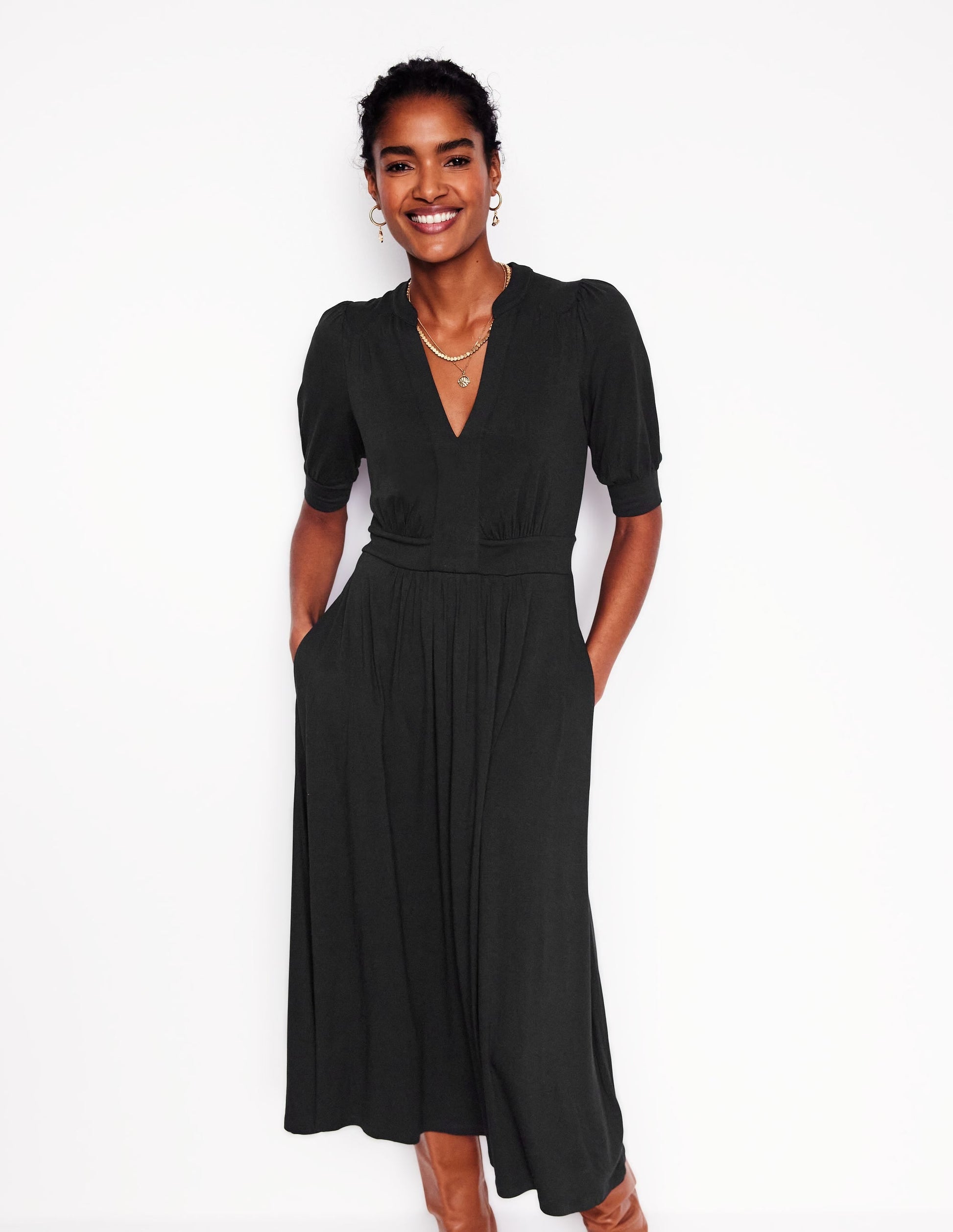 Lily Jersey Midi Tea Dress-Black-4