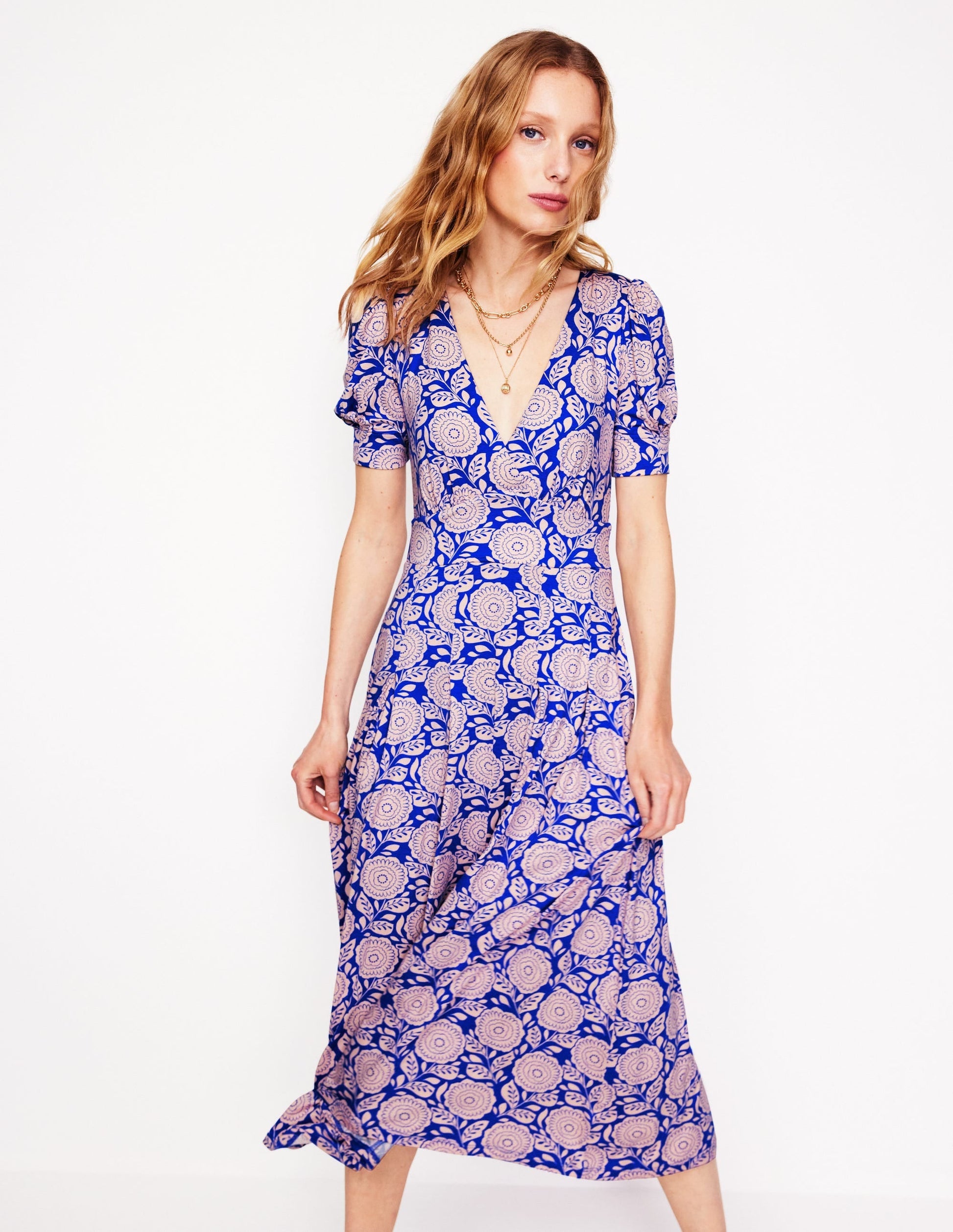 Kristen Pleated Jersey Dress-Chintz Rose, Dahlia Stamp-4