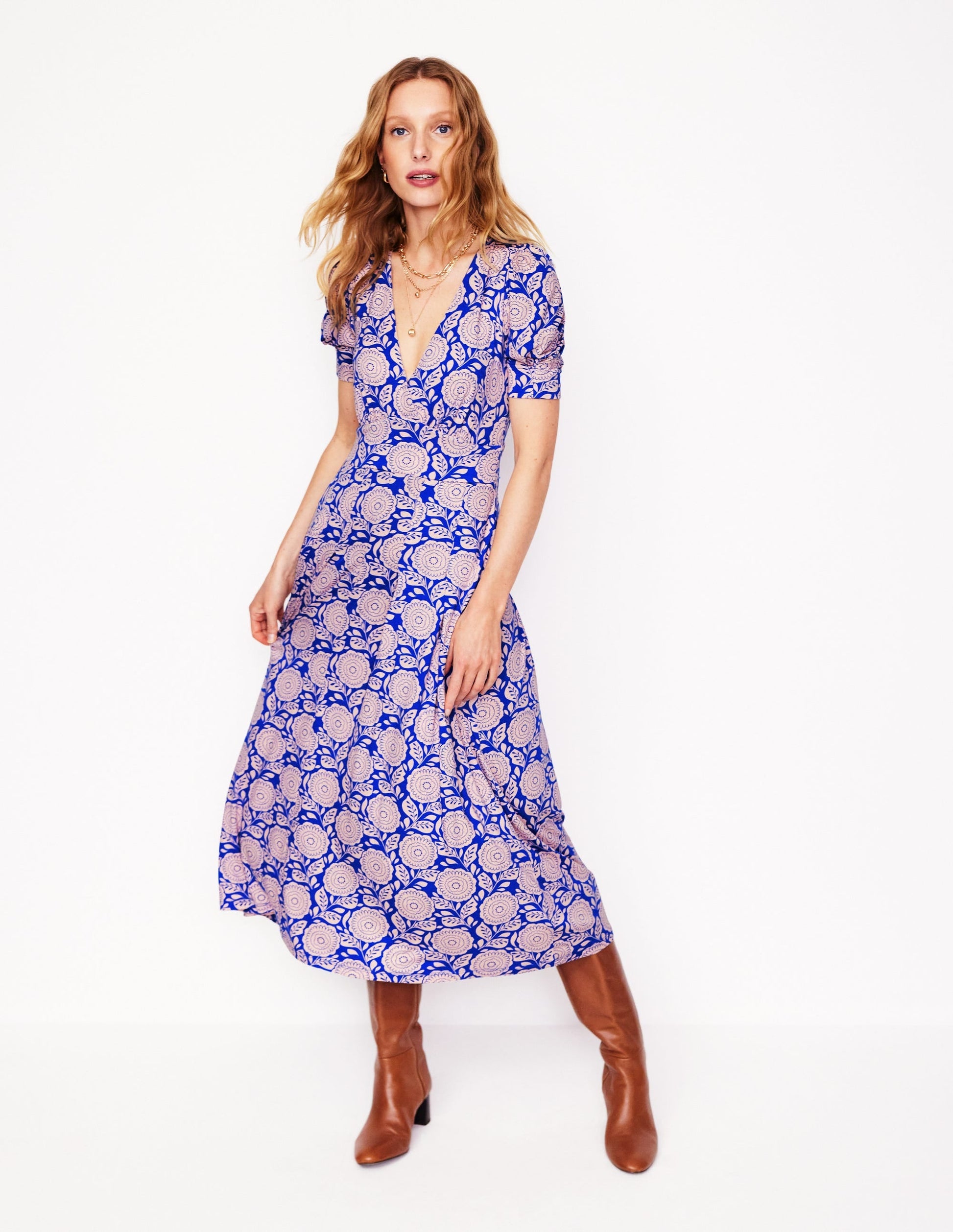 Kristen Pleated Jersey Dress-Chintz Rose, Dahlia Stamp-1