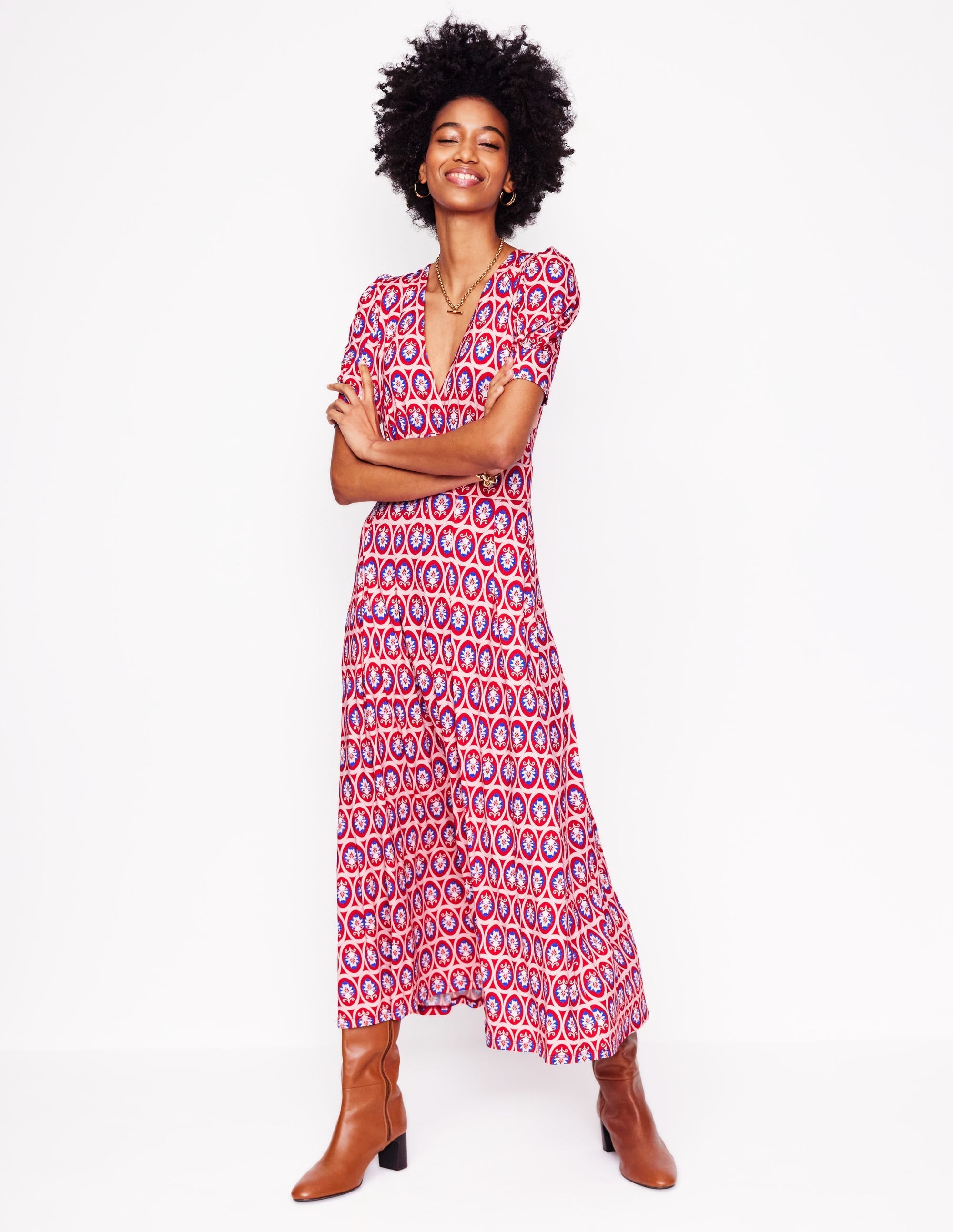 Kristen Pleated Jersey Dress-High Risk Red, Ornate Blossom - Image 2