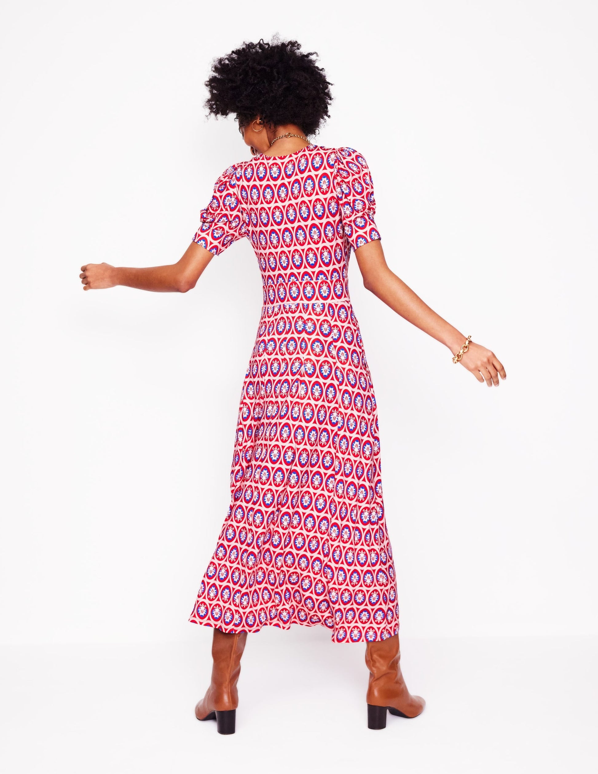 Kristen Pleated Jersey Dress-High Risk Red, Ornate Blossom-3