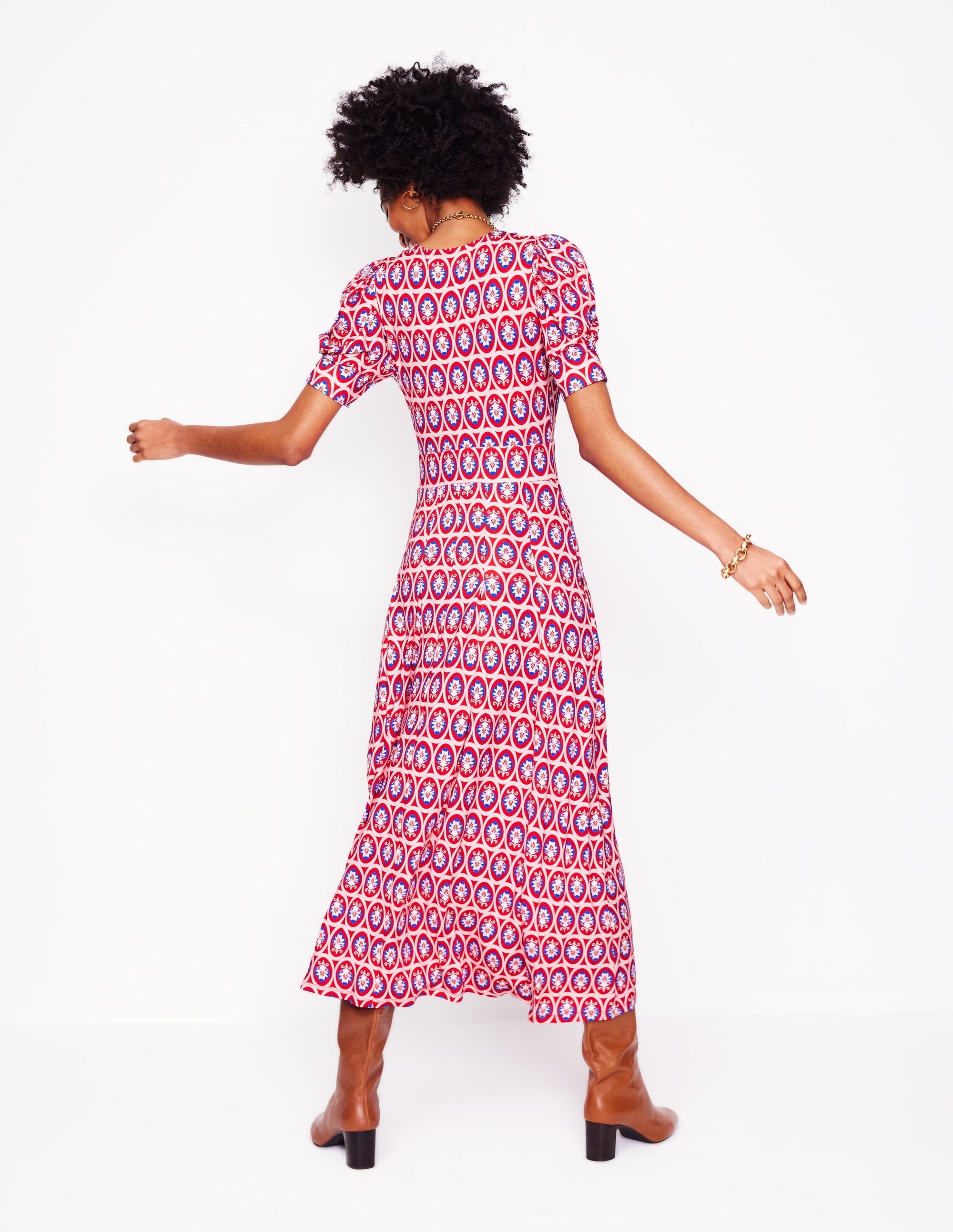 Kristen Pleated Jersey Dress-High Risk Red, Ornate Blossom - Image 3