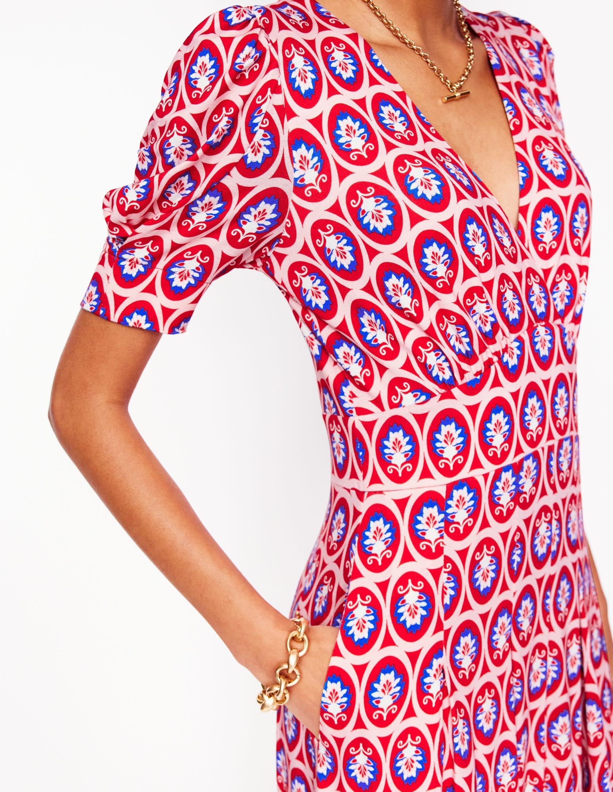 Kristen Pleated Jersey Dress-High Risk Red, Ornate Blossom - Image 4