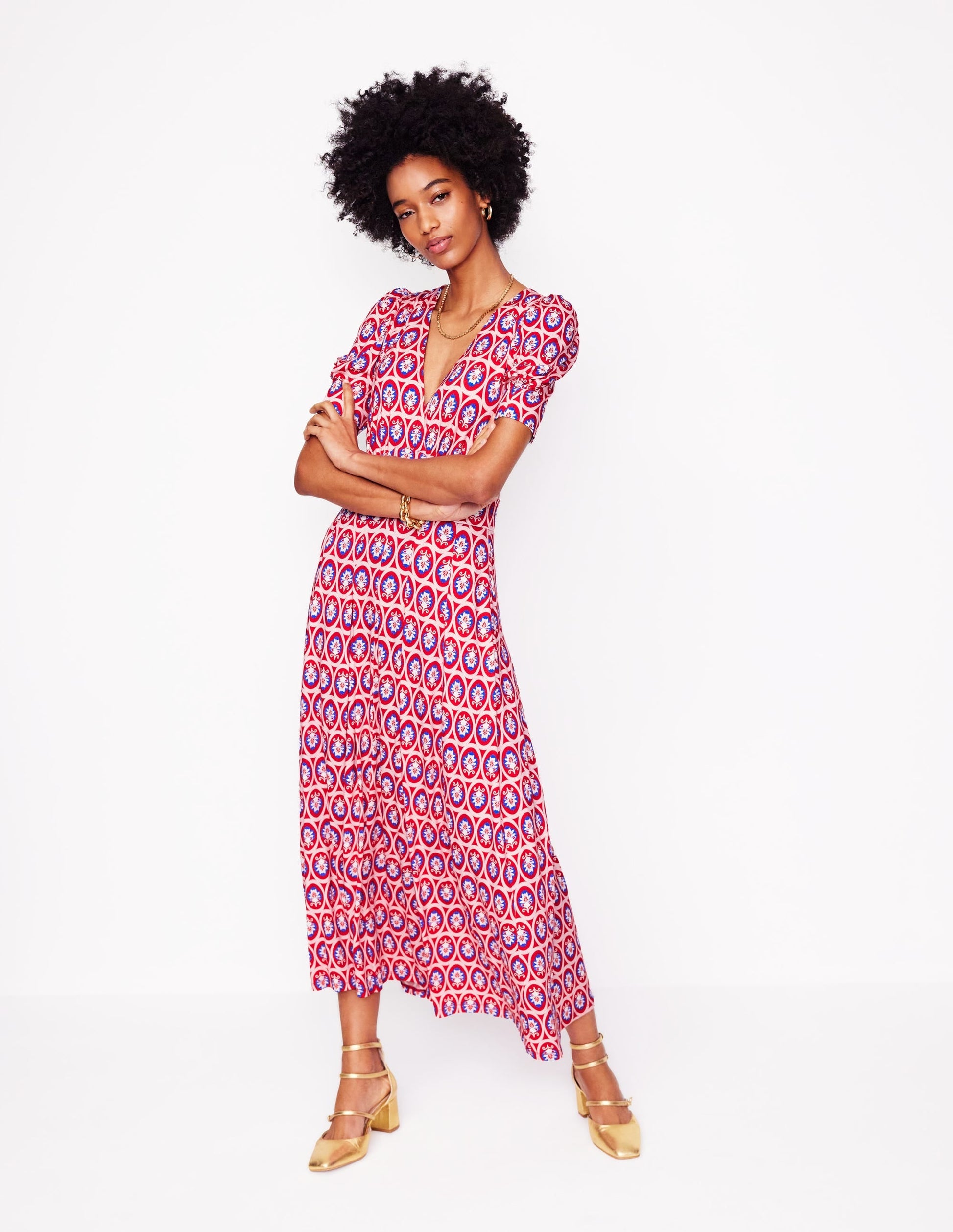 Kristen Pleated Jersey Dress-High Risk Red, Ornate Blossom-5