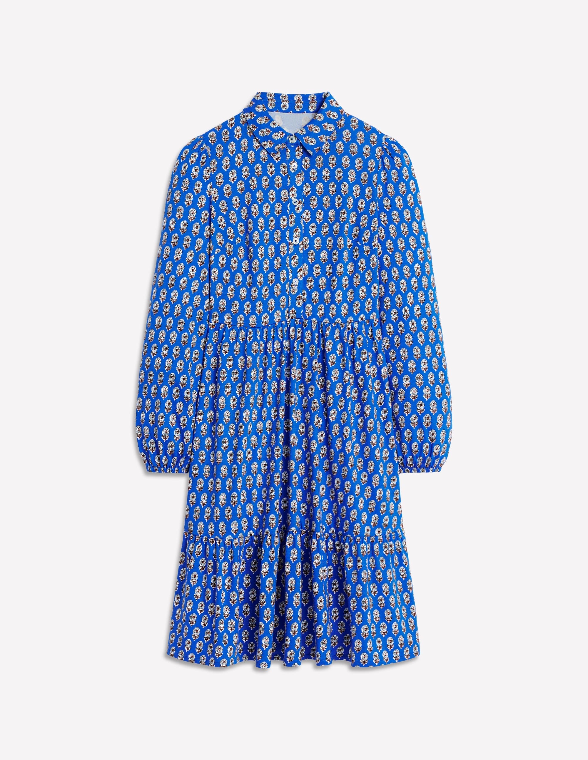 Jemima Tiered Jersey Dress-Gallery Blue, Camellia Stamp - Image 5