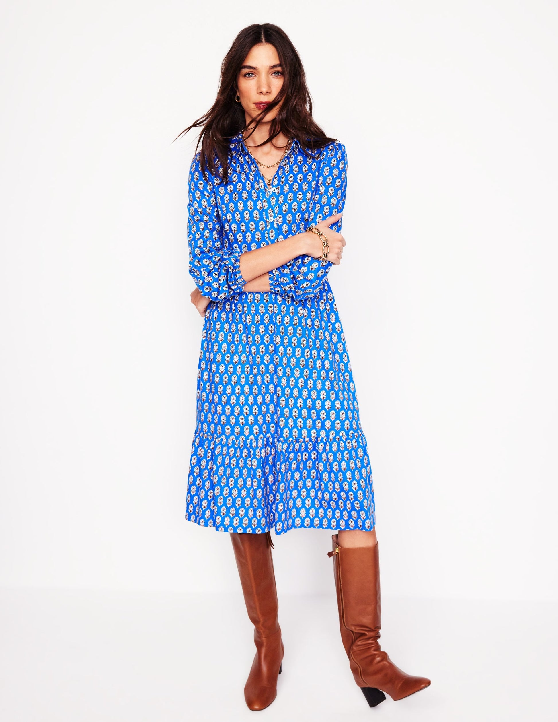 Jemima Tiered Jersey Dress-Gallery Blue, Camellia Stamp-1
