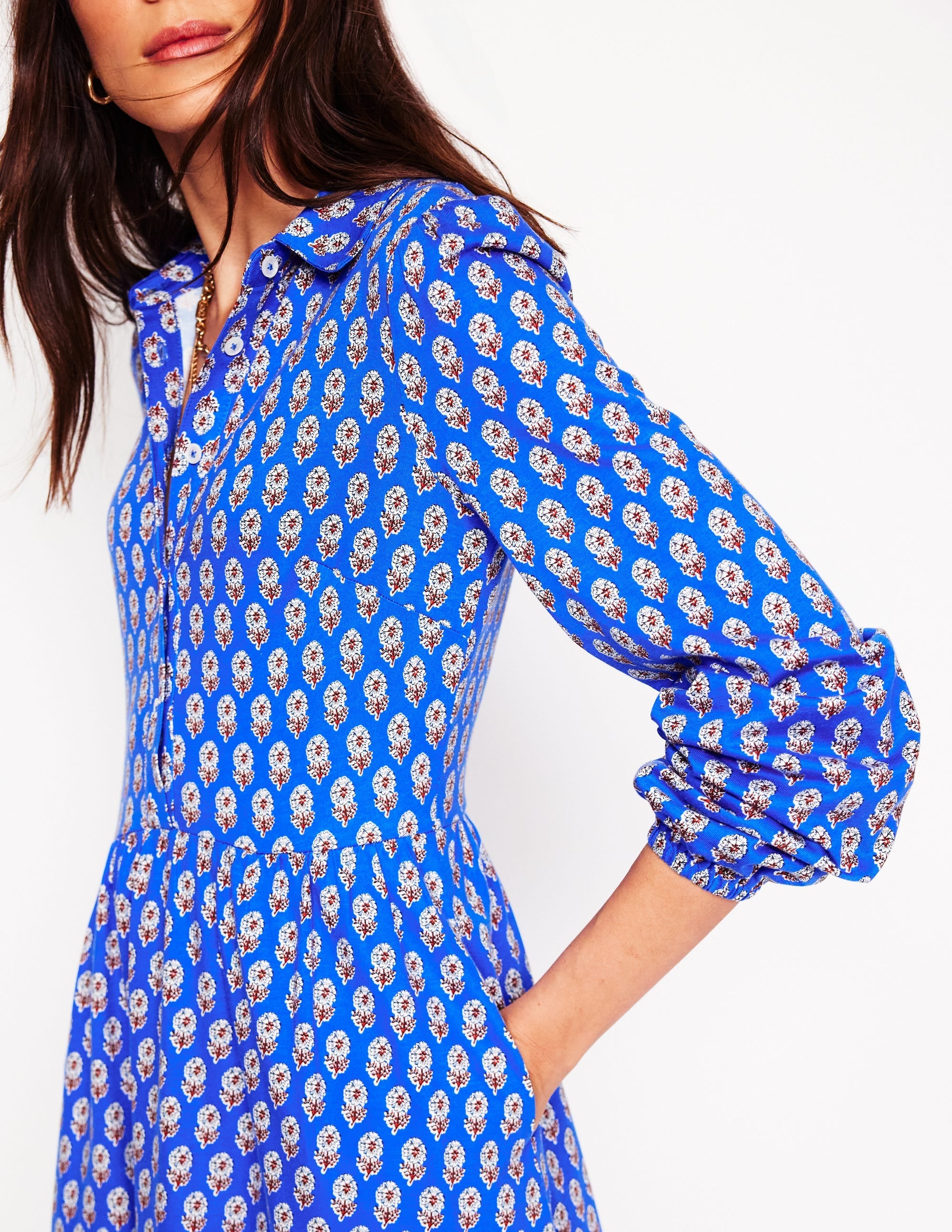 Jemima Tiered Jersey Dress-Gallery Blue, Camellia Stamp - Image 2