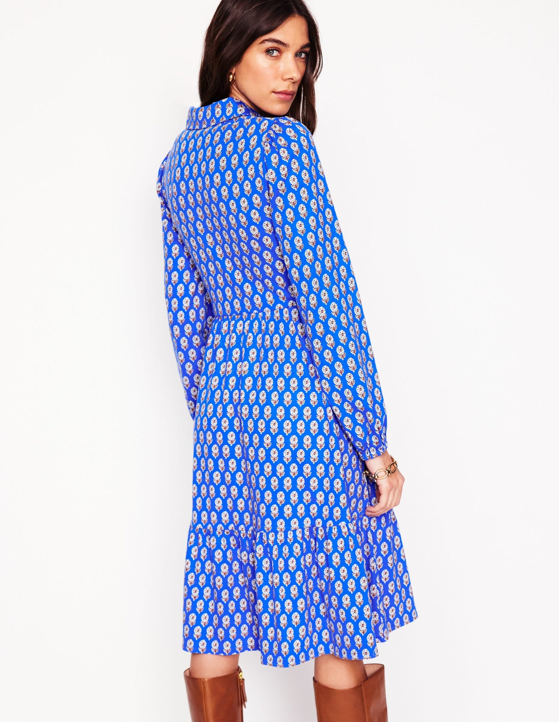Jemima Tiered Jersey Dress-Gallery Blue, Camellia Stamp-3
