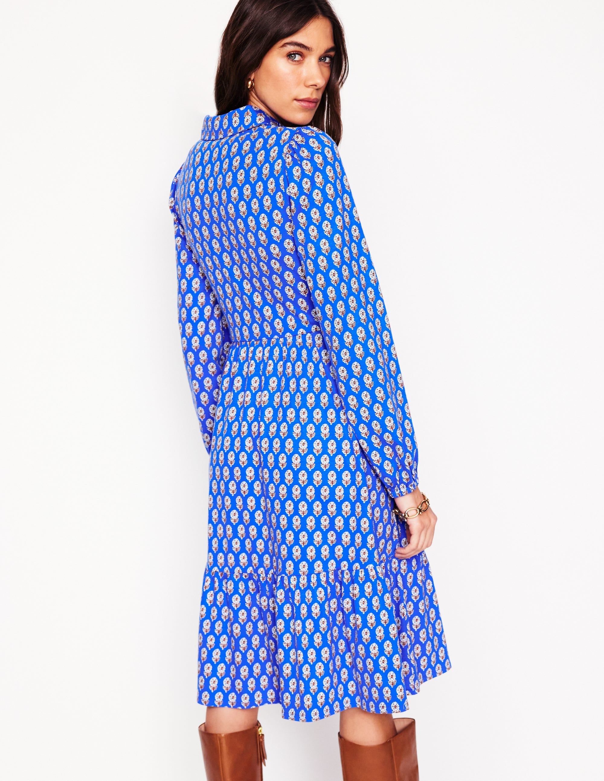 Jemima Tiered Jersey Dress-Gallery Blue, Camellia Stamp - Image 3