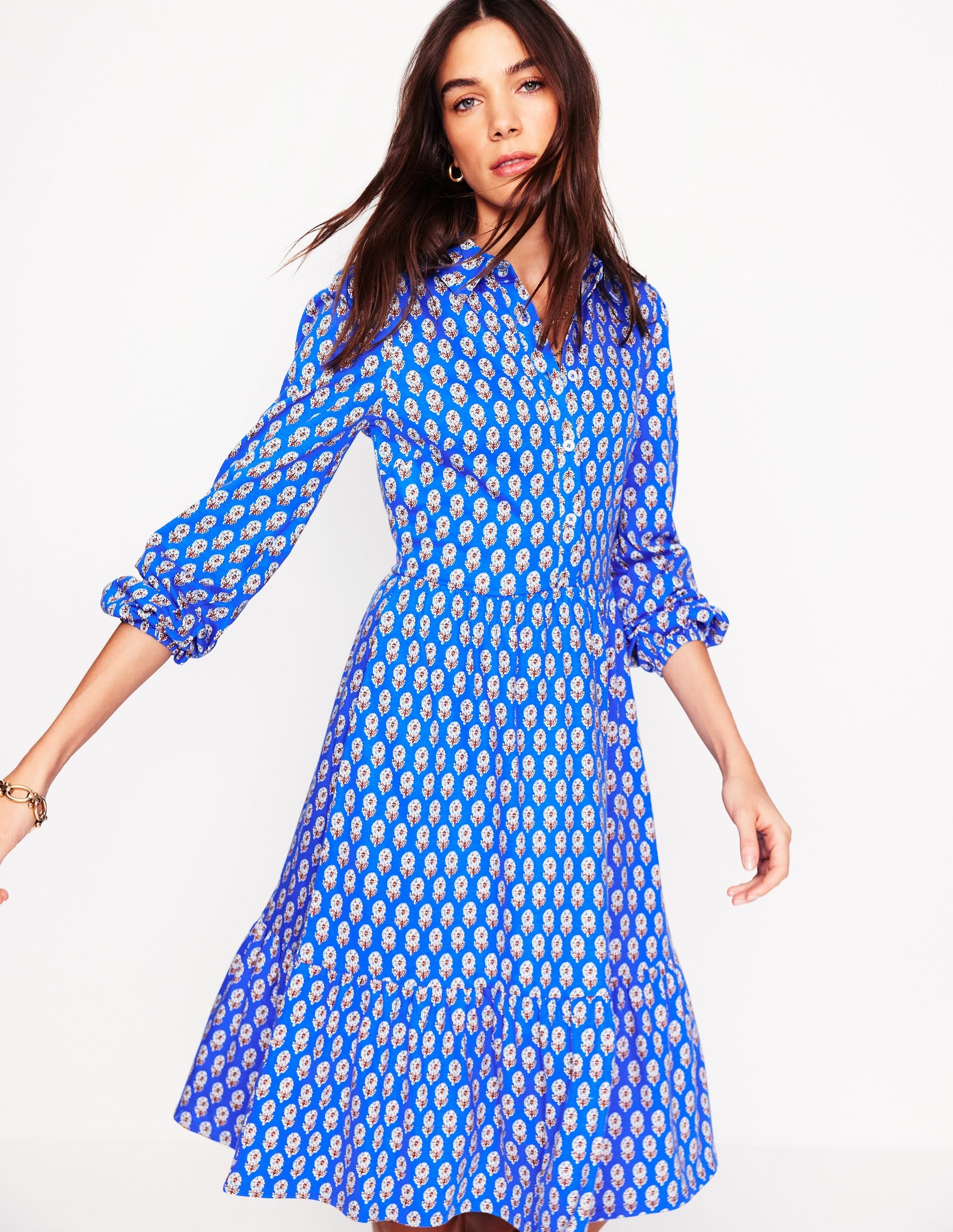 Jemima Tiered Jersey Dress-Gallery Blue, Camellia Stamp - Image 4
