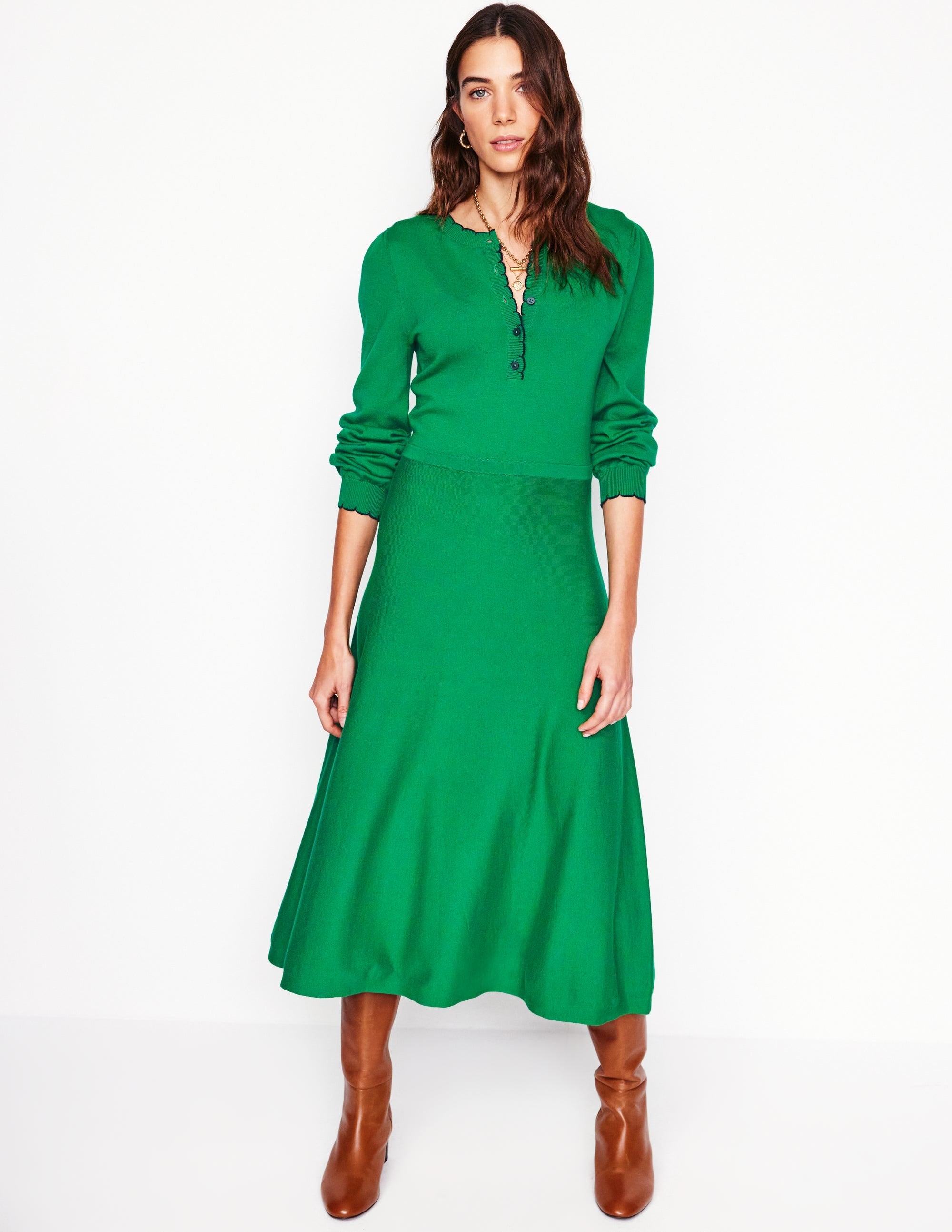 Scallop Henley Knitted Dress-Rich Emerald - Image 1