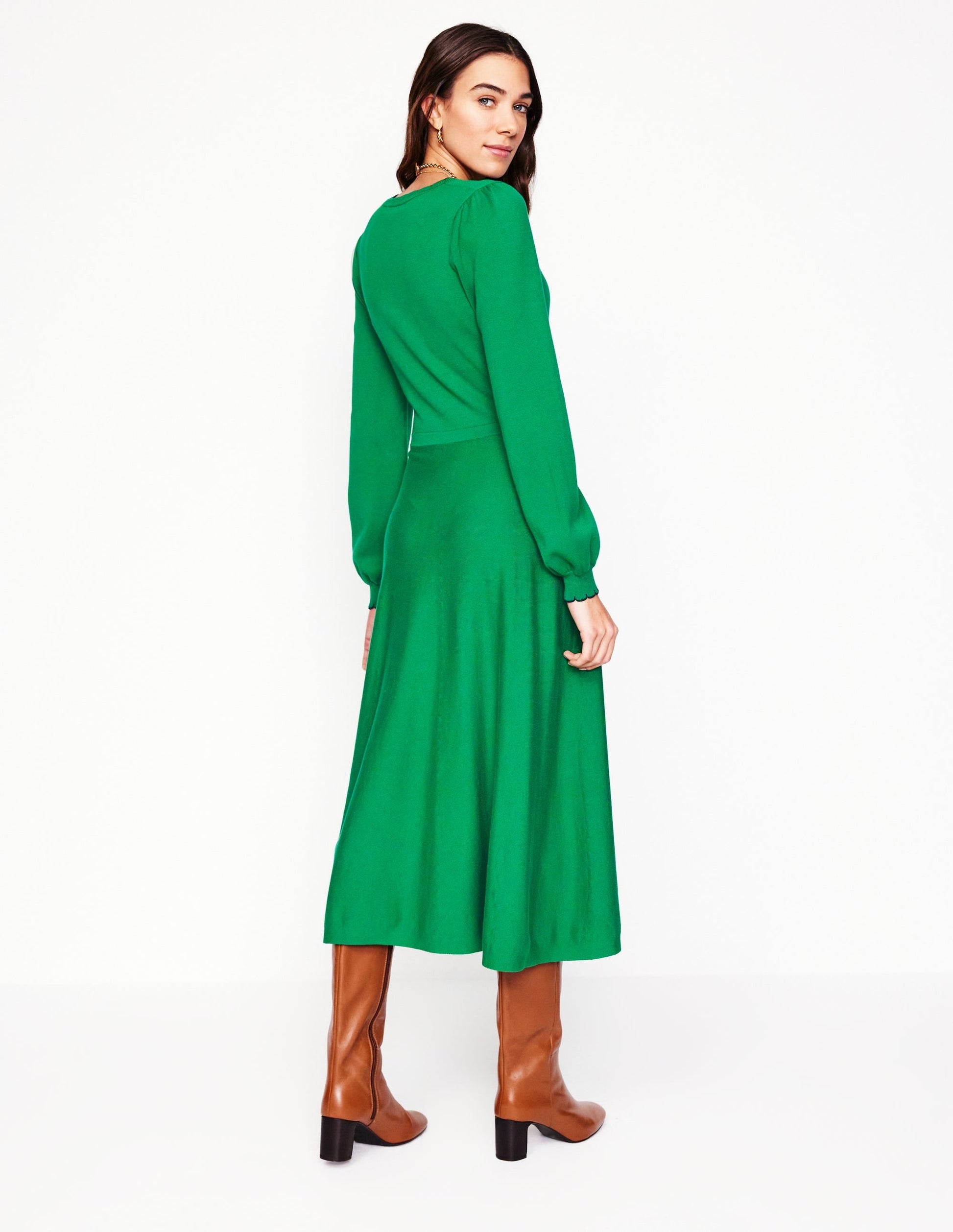 Scallop Henley Knitted Dress-Rich Emerald-4