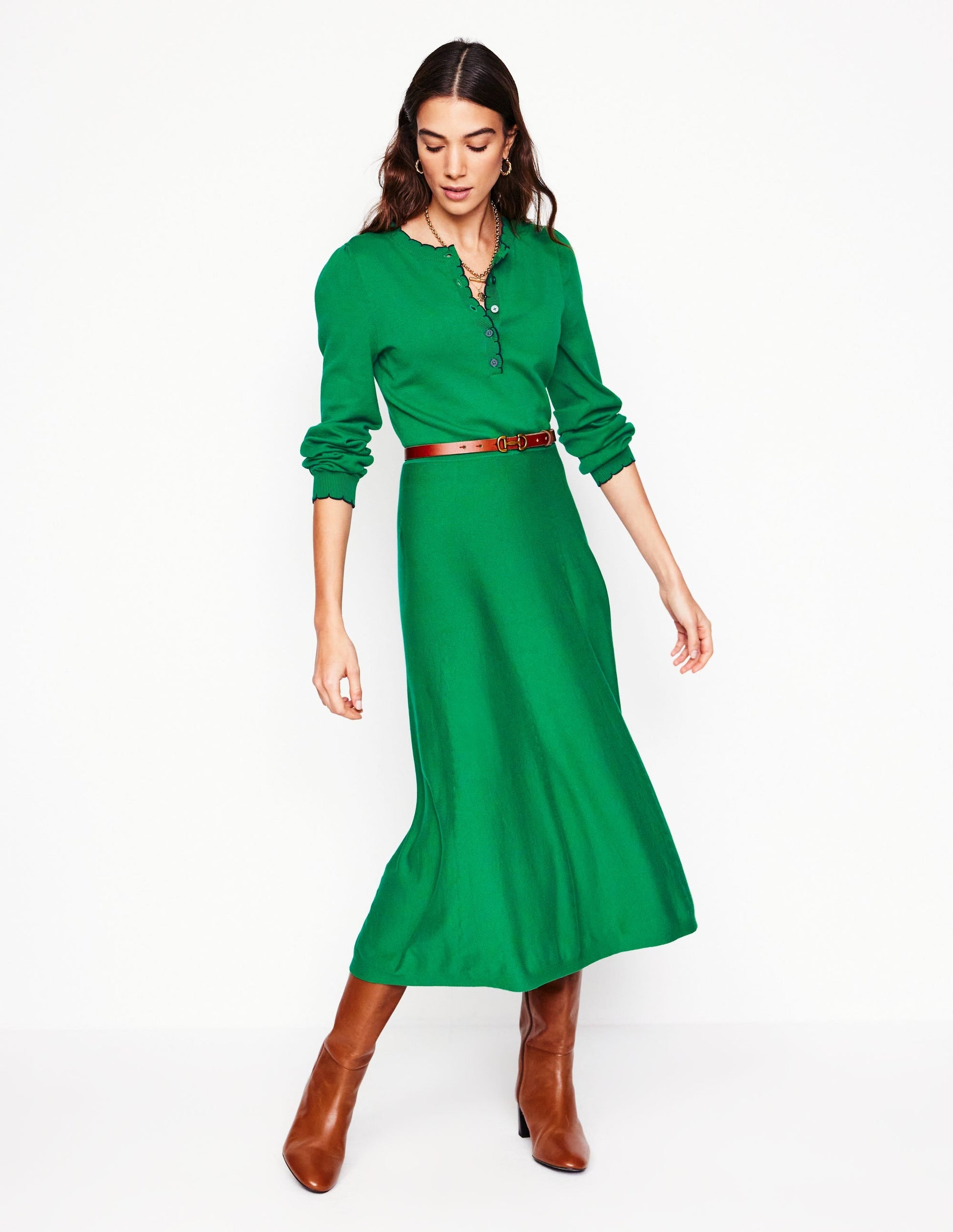 Scallop Henley Knitted Dress-Rich Emerald-5