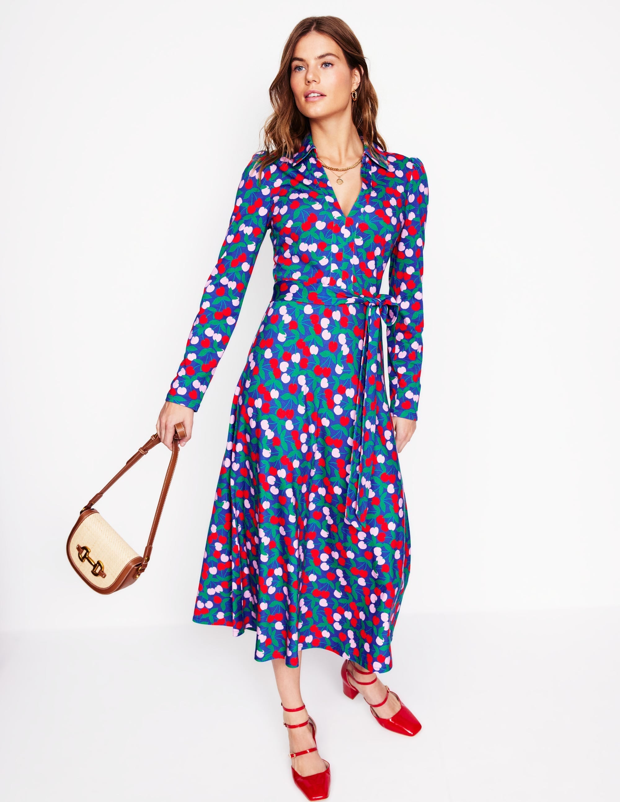 Imogen Collared Jersey Dress-Bright Blue, Cherry Cascade - Image 4