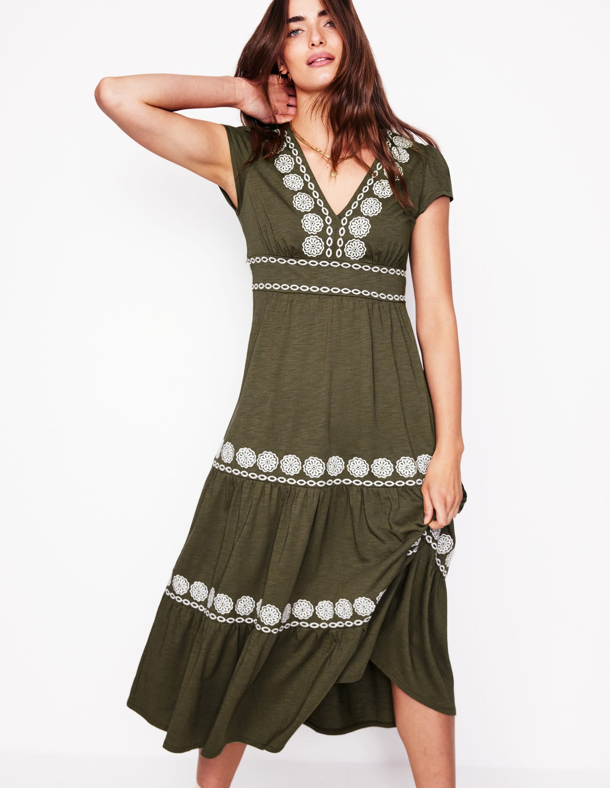 Eloise Embroidered Midi Dress-Classic Khaki-4